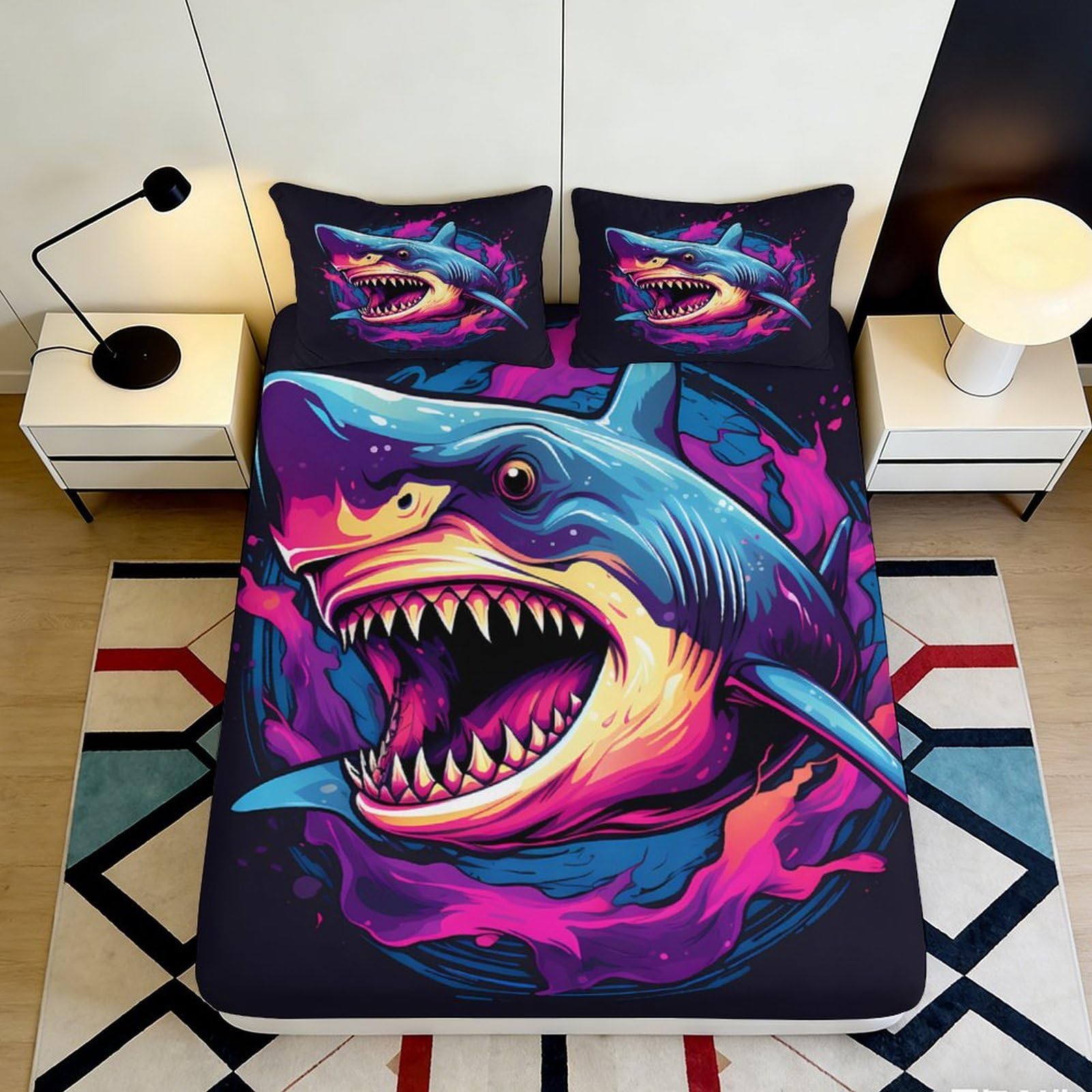 3D Printed Shark Design Fitted Sheet Microfiber Vibrant Bed Cover with 3D Printed Shark Motif Mattress Cover for Bedroom Dorm Dormitory Guest Room 180x200x25cm