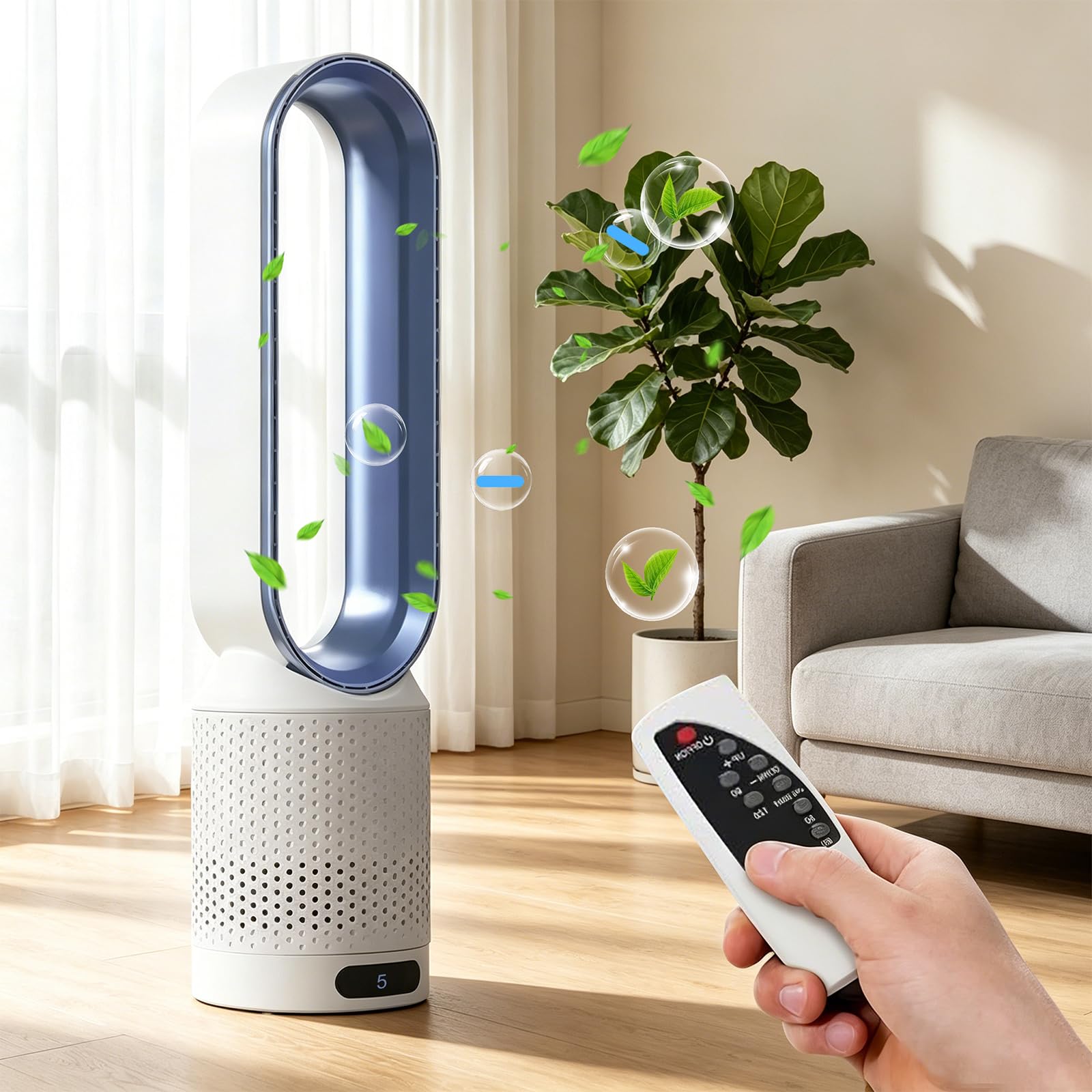Rotorloser Ventilator mit Fernbedienung, Bladeless Fan, mobiles Klimagerät, 8 Gänge, 90° Oszillation, 30W, Blau