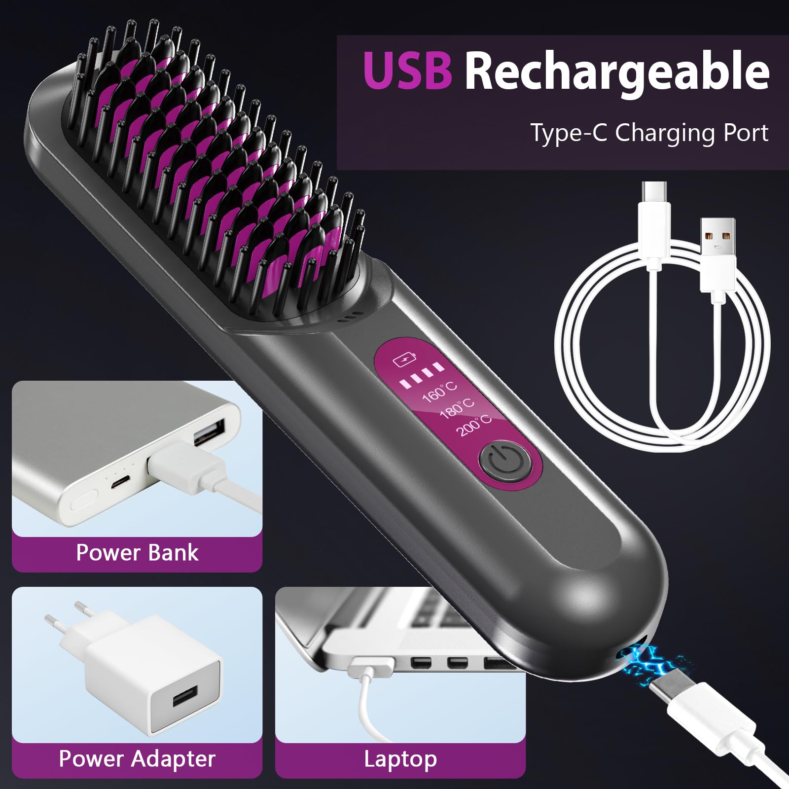 Spazzola Lisciante per Capelli Senza Fili, Spazzola Elettrica Lisciante | Unipampa Mini Piastra Capelli Portatile 5000mAh, Riscaldamento Rapido e Ricarica 160–200 ℃, 3 Livelli di Temperatura
