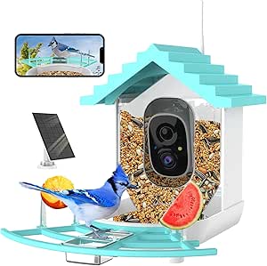 Smart Bird Feeder with Camera, Ai Identify Birds Watching Camera with Solar Powered, FHD Live View, Auto Capture Birds Video in Backyard, Porch, Patio,Ideal Gifts for Family and Bird Lovers, Blue asin的图片