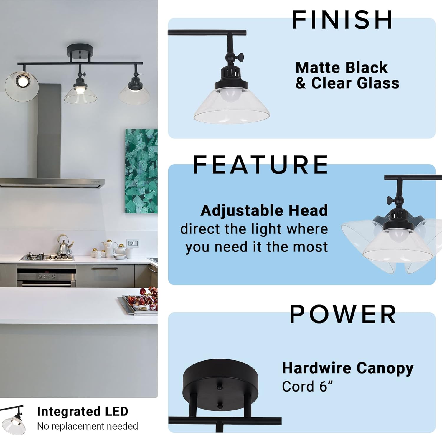 Catalina 23" Classic 3-Light Integrated LED Track Light with Adjustable Clear Glass Shades, Black