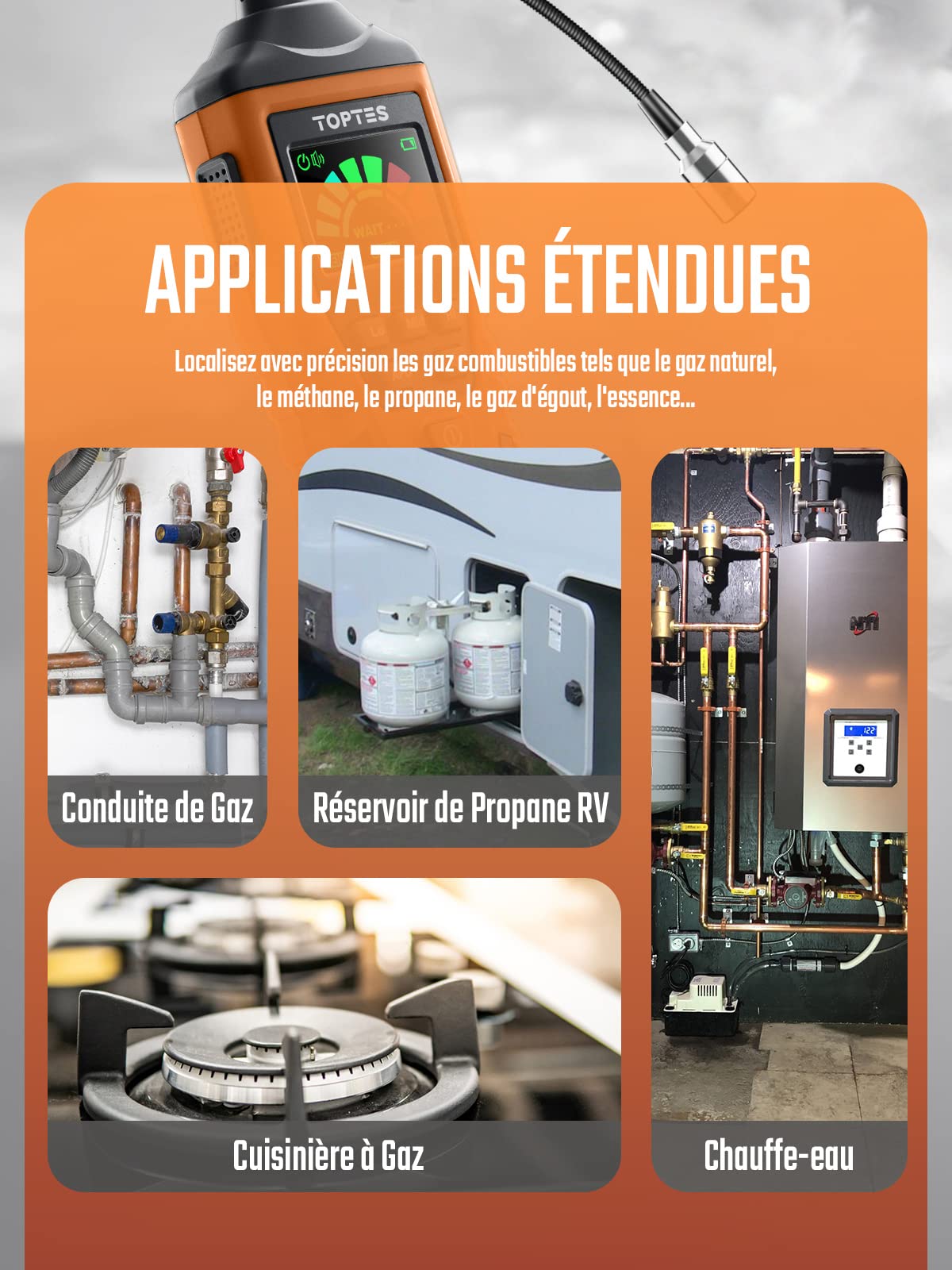 Détecteur de Gaz Naturel, TopTes PT520A Détecteur de Fuites de Gaz avec Une Sonde Flexible de 43,5 cm, pour Les Fuites de Gaz comme Le Propane, Le Gaz Naturel, Le Méthane (3 Piles Incluses) - Orange