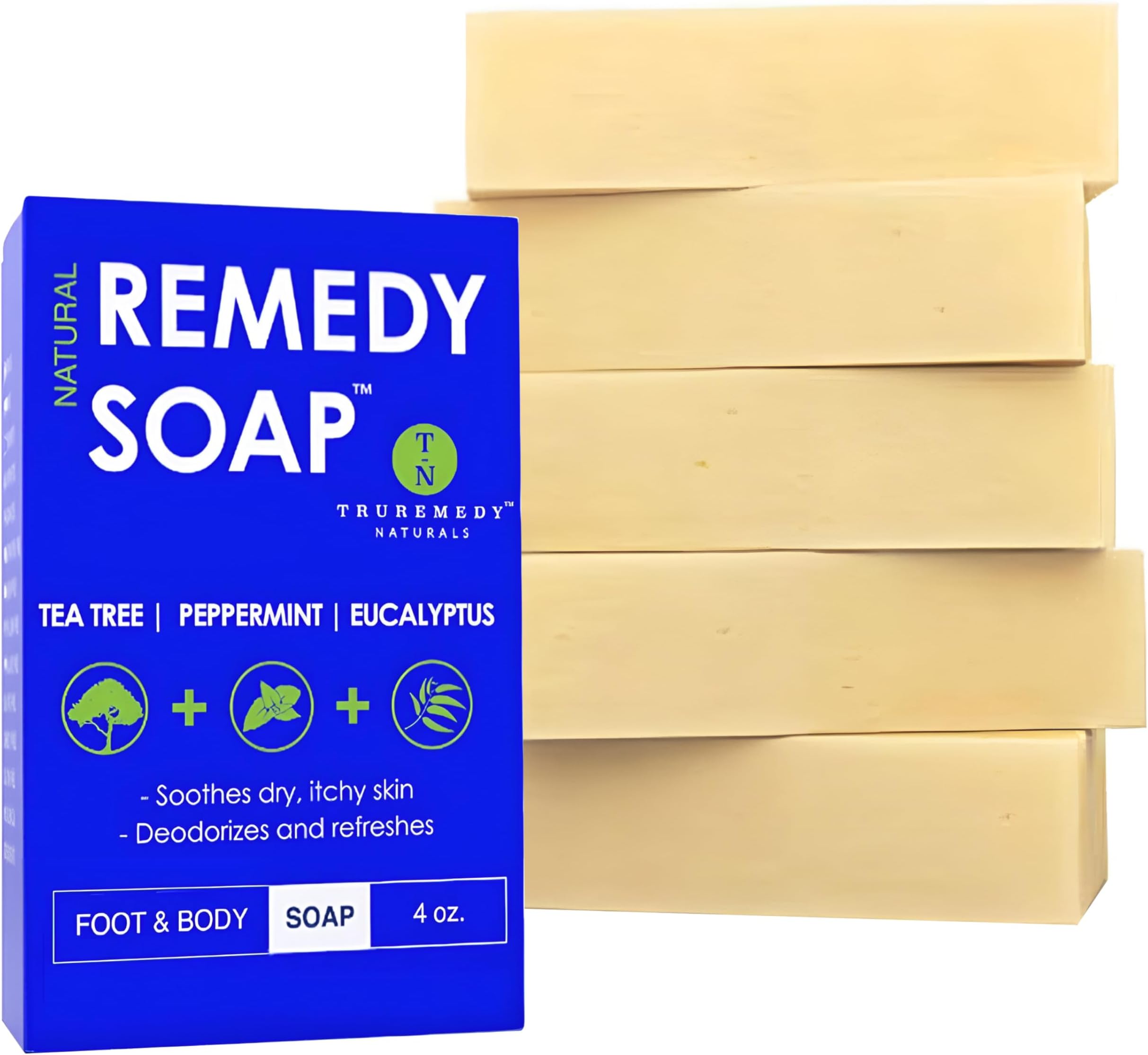 Truremedy Naturals Soap Bar for Men, Women - Tea Tree Oil Bar includes Peppermint, Eucalyptus - Remedy for Foot, Body, All Skin Types - Pack of 5