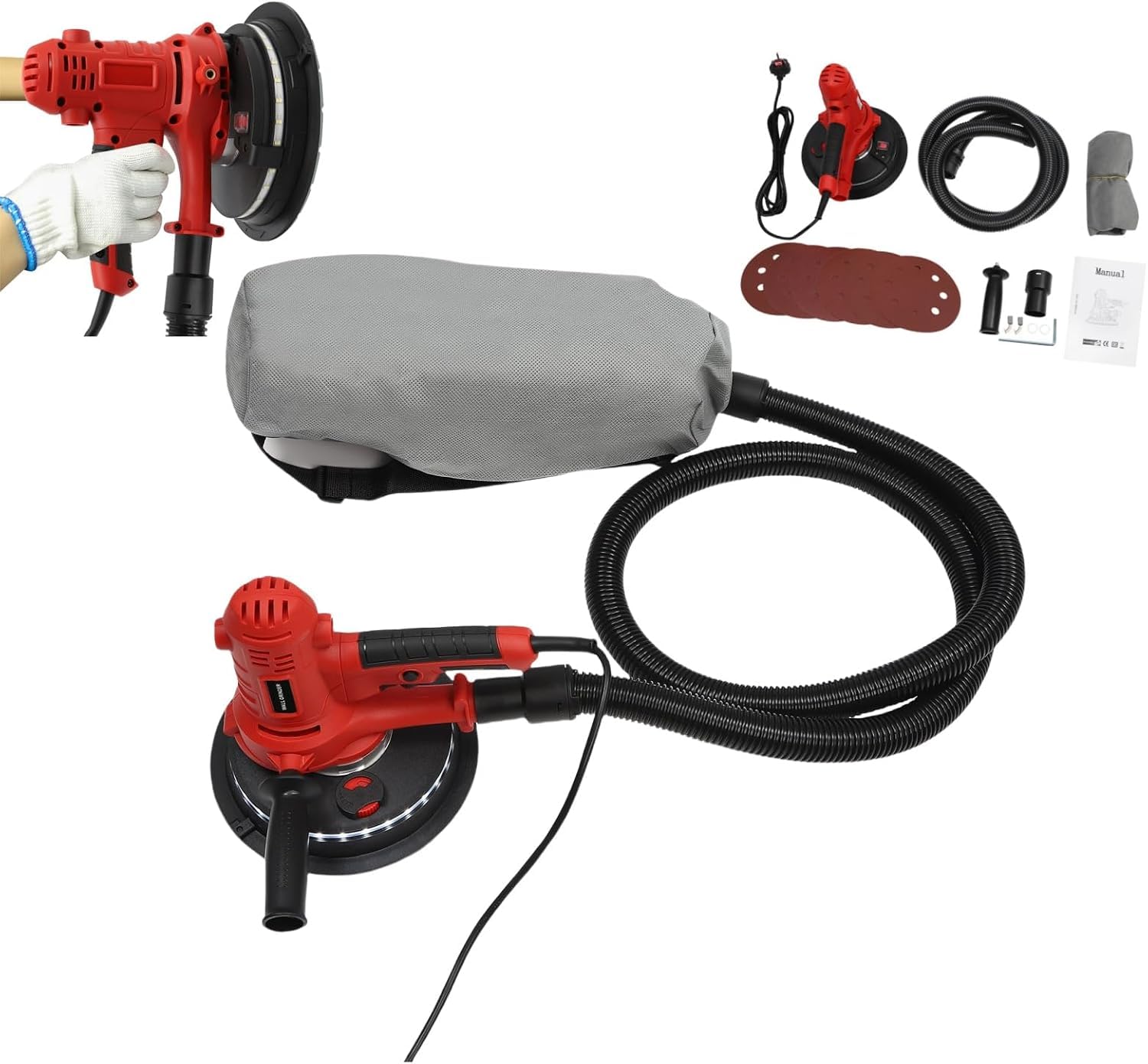 KEhtu Ponceuse Électrique À Aspiration pour Cloisons Sèches, Ponceuse Portative pour Murs, Plâtre Et Plafonds, Machine De Polissage Portable, Vitesse Variable 1200-2500 TR/Min, avec Aspiration