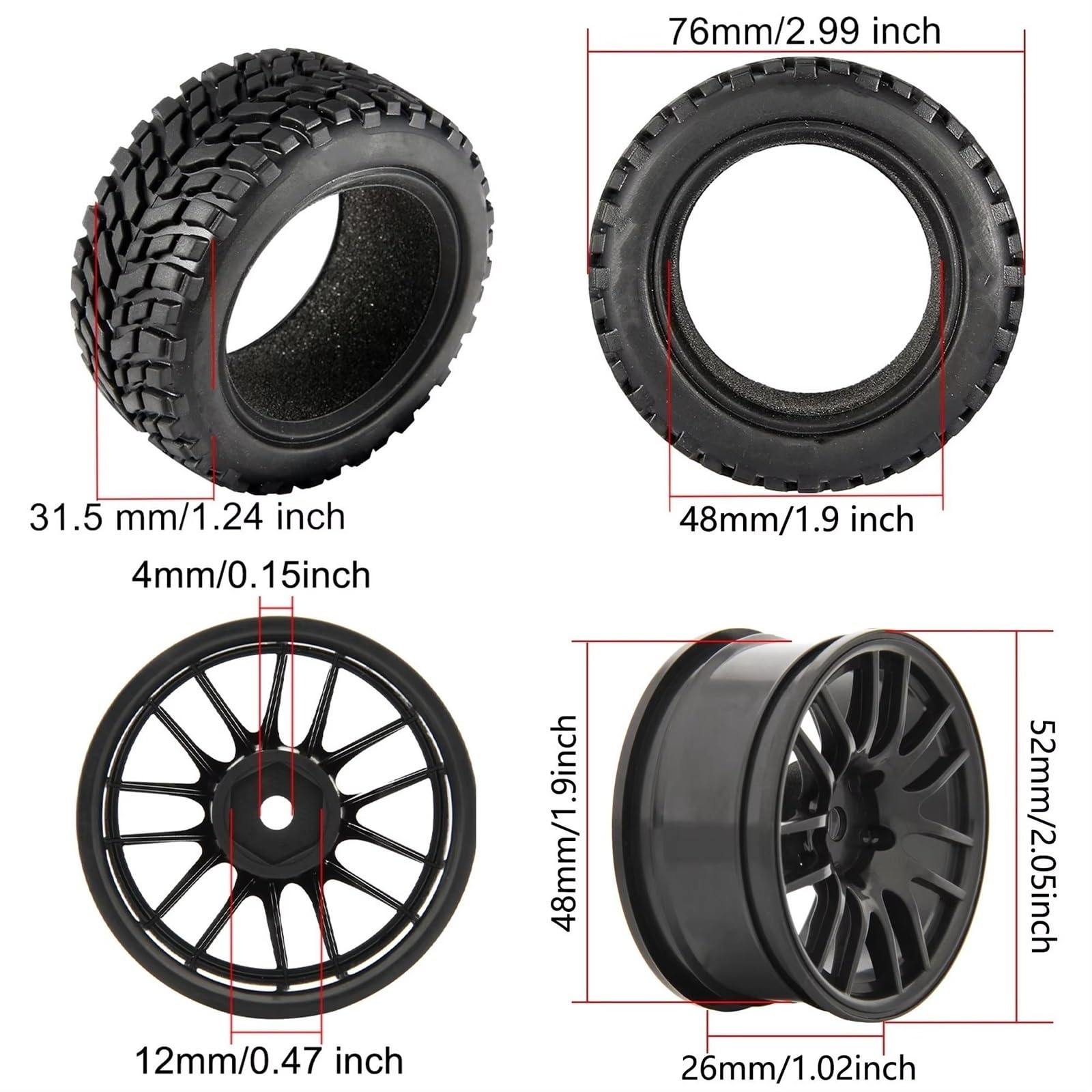 Rc Tire Jante pour Wltoys 144001 pour Scx10 pour Traxxas pour Tamiya 1.9 Pouces 75mm Hors Route Pneus pour Buggy Roue 12mm Moyeux Hexagonaux Voiture 1/14 1/16 1/10 RC(Wheel Tyre B)