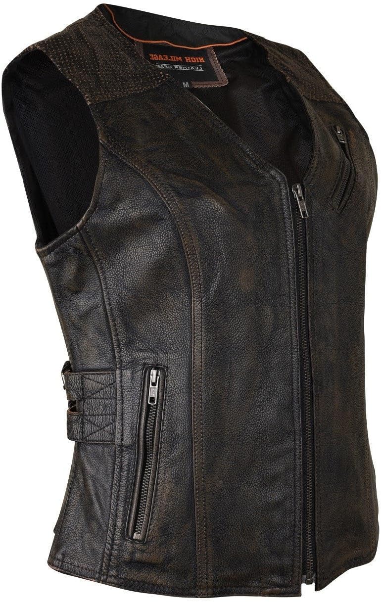 Women's Black Premium Cowhide Biker Motorcycle Leather Vest with Cowgirl Western Leather Outwear, Adjustable Side Buckles