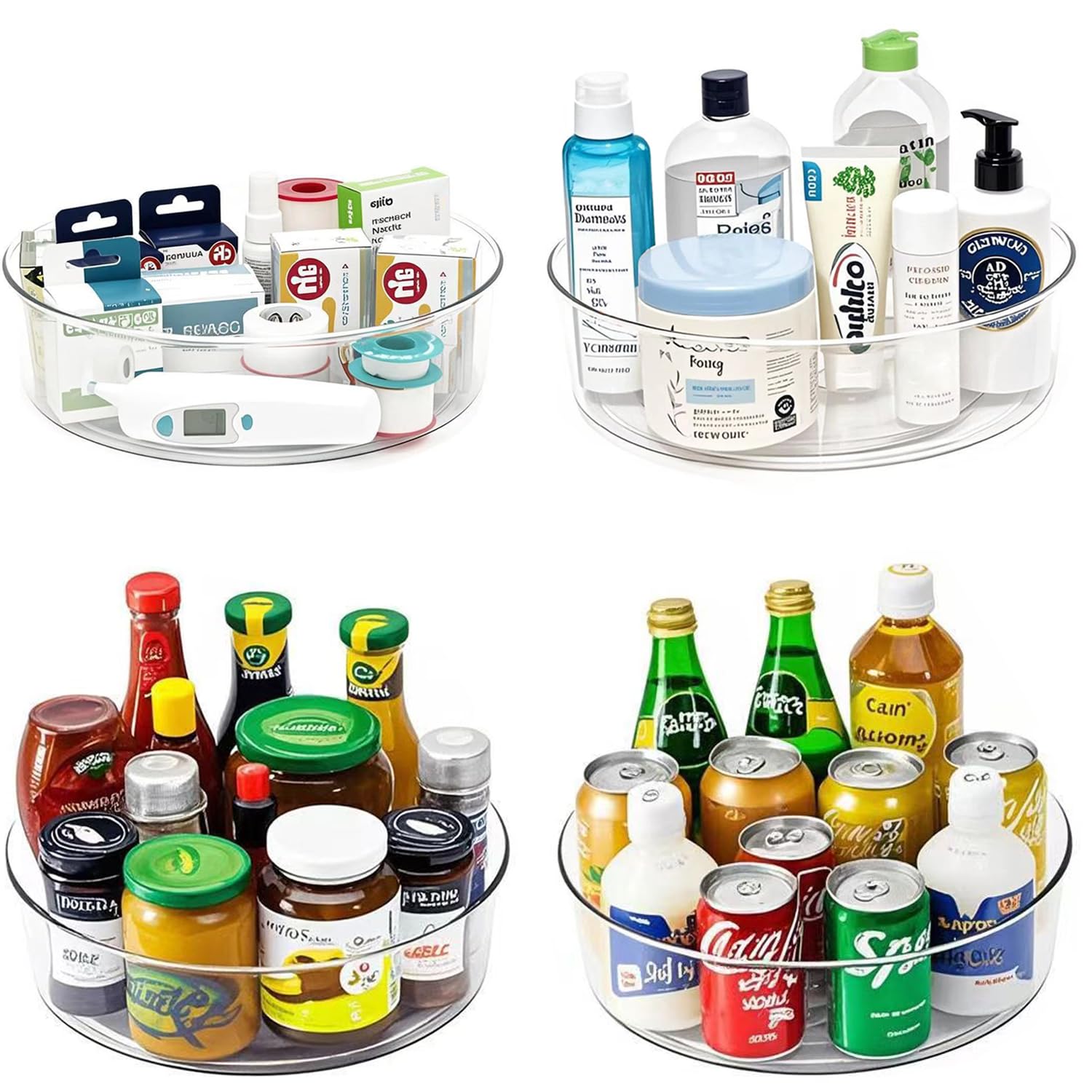 4 Pack Lazy Susan 11.5" Inch Turntable Organizer Organization Storage Container Bins Spice Rack Cabinet Rotating Condiment for Pantry Countertop Kitchen Vanity Bathroom Jewelry Holder Clear