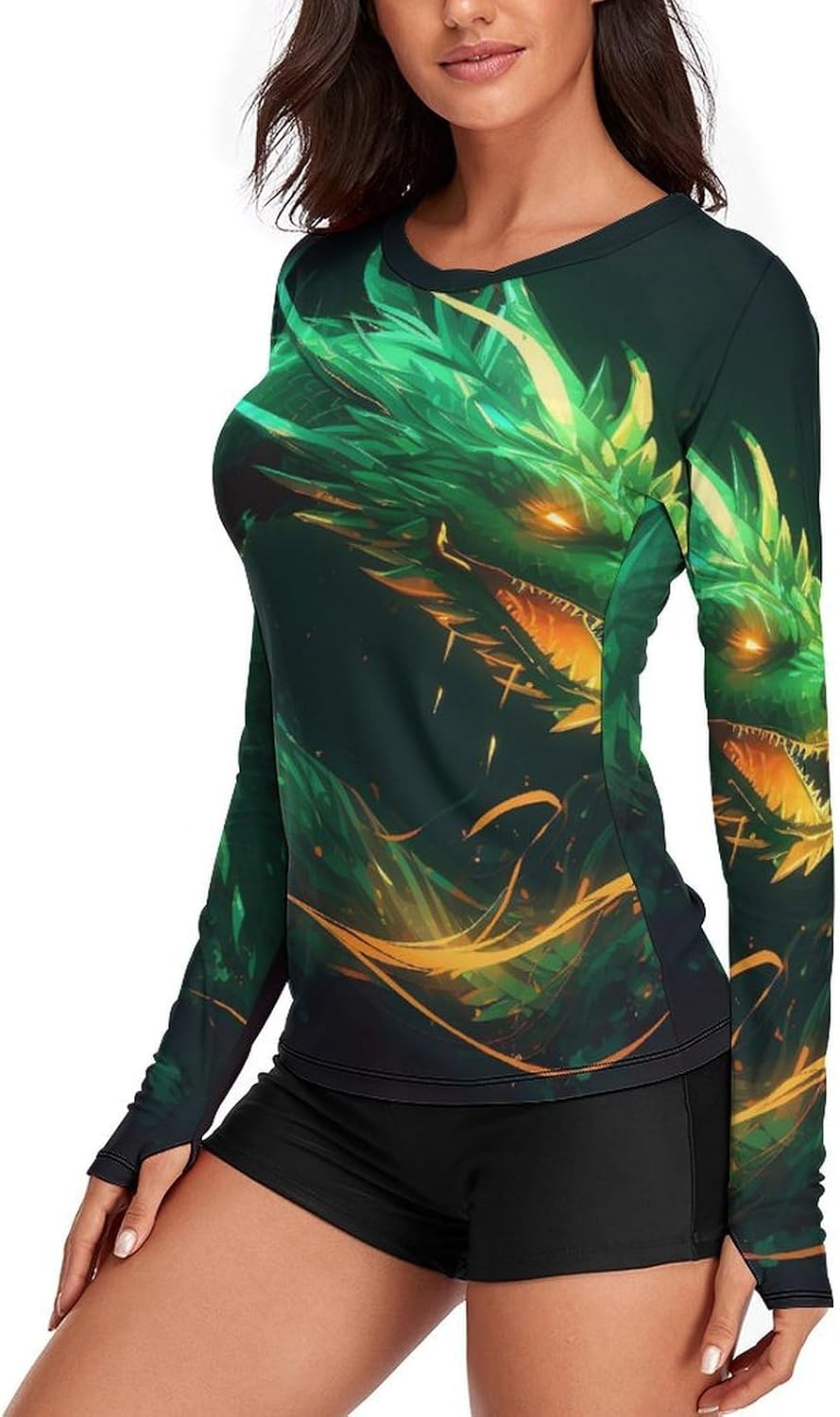 Green Dragon Rash Guard for Women UPF 50+ UV Sun Protection | Long Sleeve Workout Top Quick Dry Athletic Hiking Shirt Moisture Wicking Swim Shirt for Running, Cycling, Swimming
