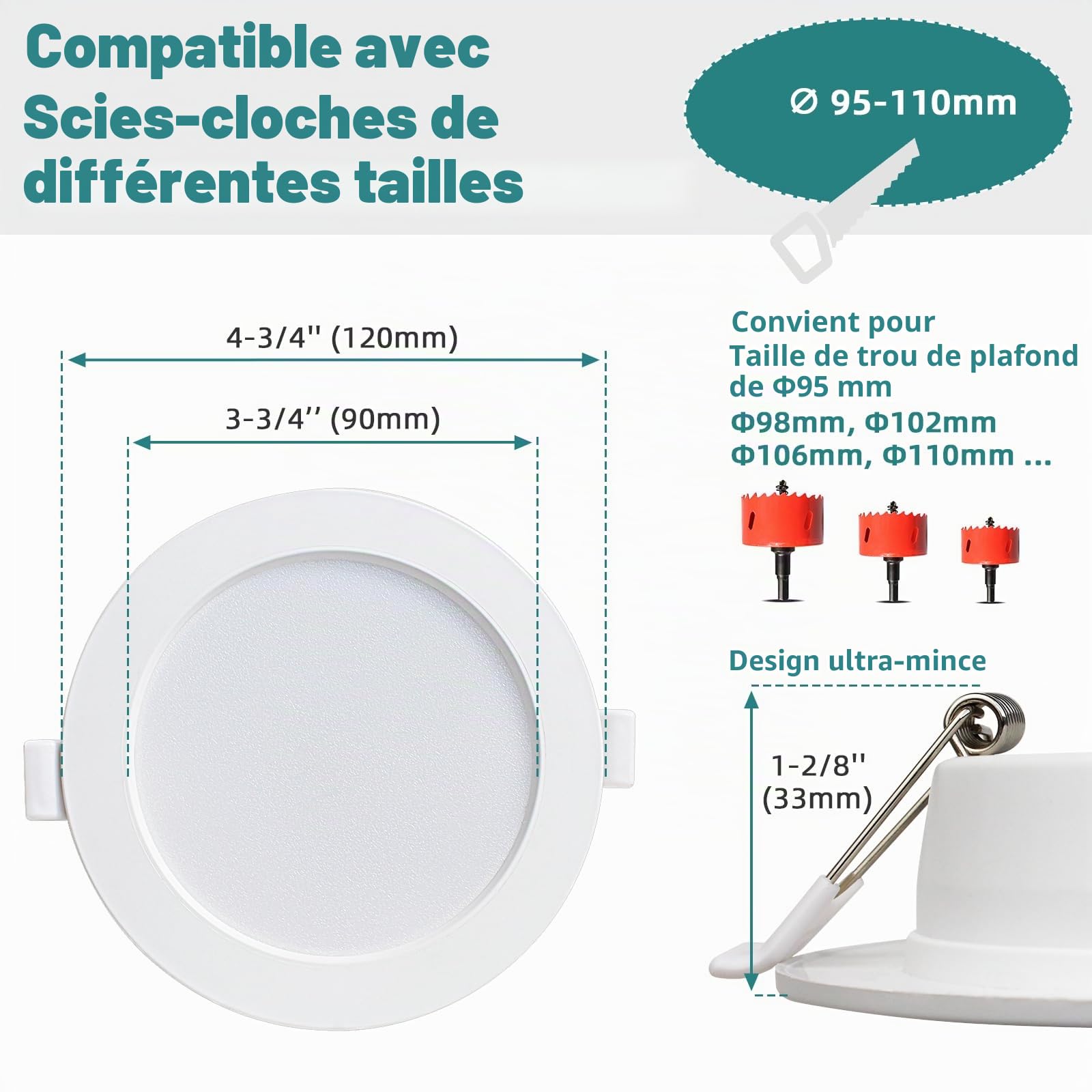 Spot Led Encastrable 230V 9W 3CCT Spots de plafond 3000K 4500K 6000K Spot Encastré Extra Plat 720LM Pour Cuisine Salon Couloir, Lot de 6, Rond Blanc Trou Ø95-110mm