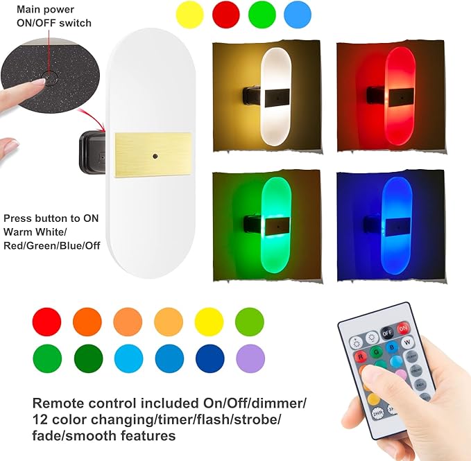 BIGMONAT BIGMONAT USB Rechargeable Night Light, Wireless Wall Light, Color Changing Mood Light, Remote Controlled Wall Sconce, RGB Lamp for Hallway Bathroom Kids Bedroom photo 2