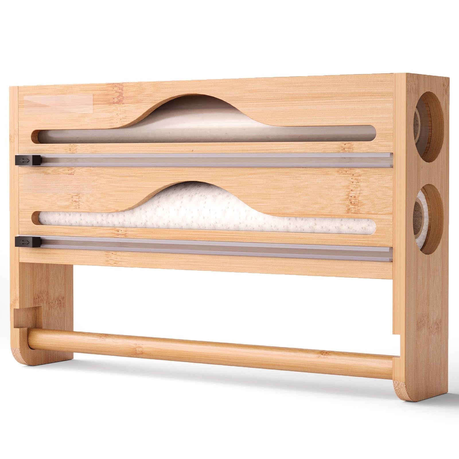 Küchenrollenhalter ohne Bohren – 2-in-1 Bambus Folienabroller mit Papierhalter, Wandmontage, Rundöffnung 5cm, Abnehmbarer Halter für Küchenrolle, Folie & Aufbewahrung (Naturfarbe)