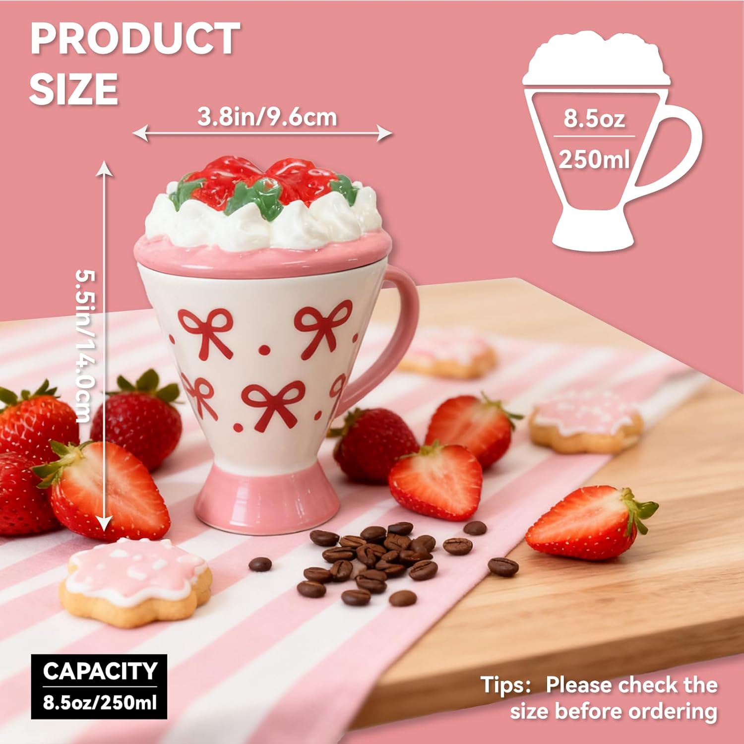 Christmas Coffee Mug with Lid, 8 OZ Ceramic Cute Pink Strawberry Cake Shape Unique Xmas Kawaii Cup with Handle for Tea & Coffee Lovers, Gifts for Girls or Women-Dishwasher Safe(250ml) - Image 2
