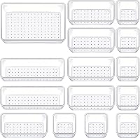 Manelete Drawer Organizers Set of 15 - 4 Sizes Clear Plastic Bins for Kitchen, Bathroom, Office, Jewelry, Makeup Storage