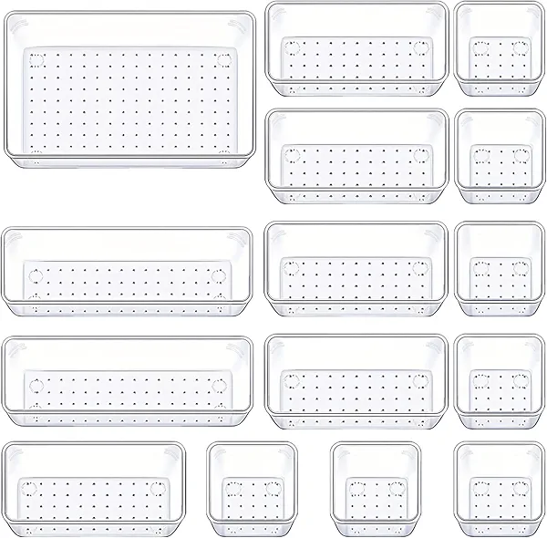 Manalete Drawer Organizers Set of 15, 4 Sizes Clear Plastic Drawer Organizers and Storage Bins for Kitchen, Bathroom, Office, Dresser Desk Drawer Organizer Tray for Jewelry, Makeup, Junk, Gadgets