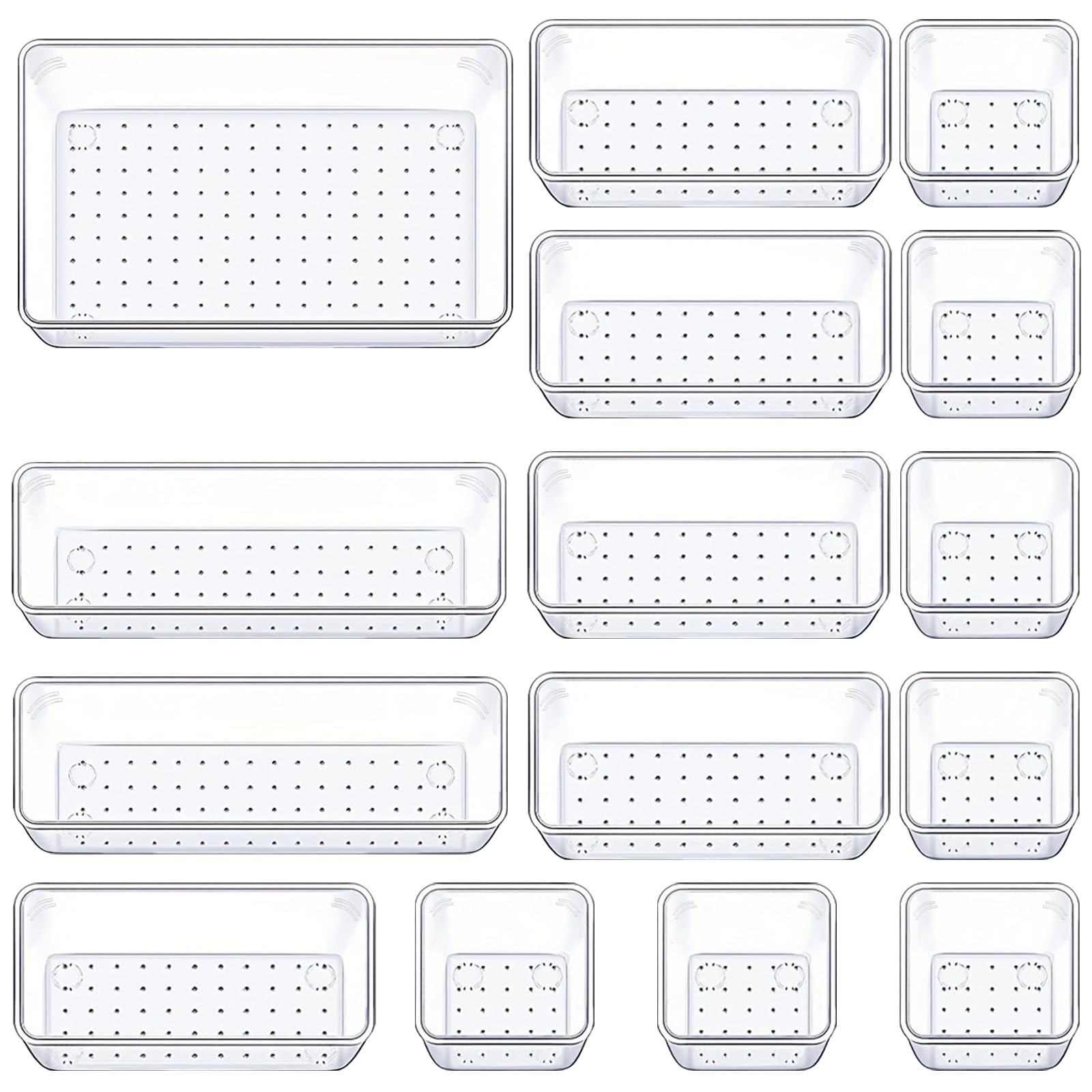 Manalete Drawer Organizers Set of 15, 4 Sizes Clear Plastic Drawer Organizers and Storage Bins for Kitchen, Bathroom, Office, Dresser Desk Drawer Organizer Tray for Jewelry, Makeup, Junk, Gadgets