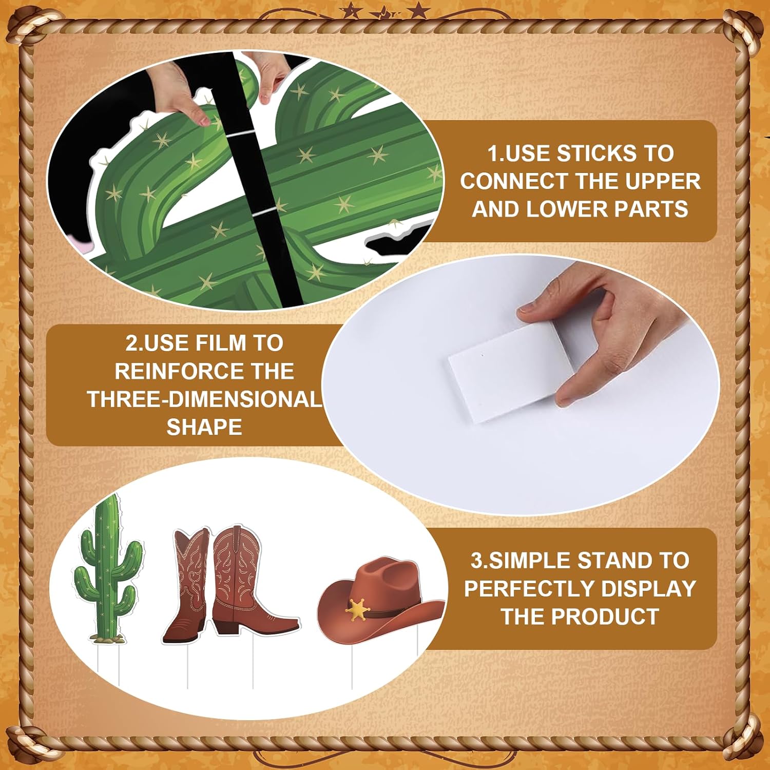 3 Pcs Western Cowboy Party Decorations Cowboy Country Cardboard Cutout with Hat Boots Cactus Standup for West Decorations Cowgirl Photo Prop Farm Wild Occident Desert Party Decor Supplies
