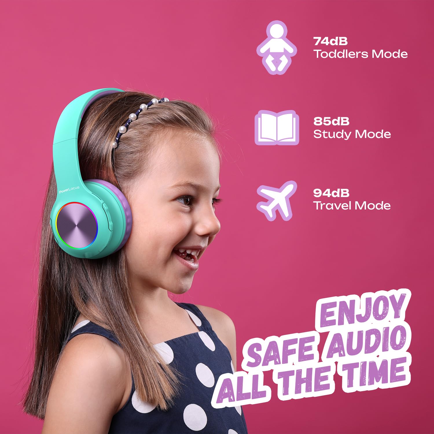 Cuffie per Bambini, PowerLocus Cuffie Bluetooth con Luce LED, Cuffie Senza Fili Pieghevoli con Microfono, Micro SD/TF, HD Stereo, 94DB Limitazione del Volume, Wireless e con Cavo,per Ragazzi e Ragazze