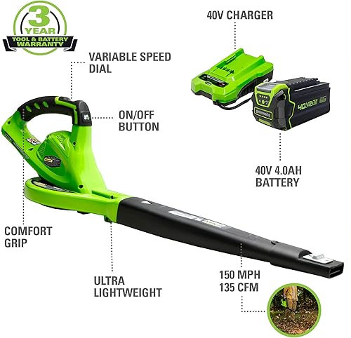 Miniatura 2 de Greenworks Soplador de hojas inalámbrico de 40 V (150 MPH), batería de 4.0 Ah y cargador incluidos 24212, batería y cargador de 4 Ah, kit de