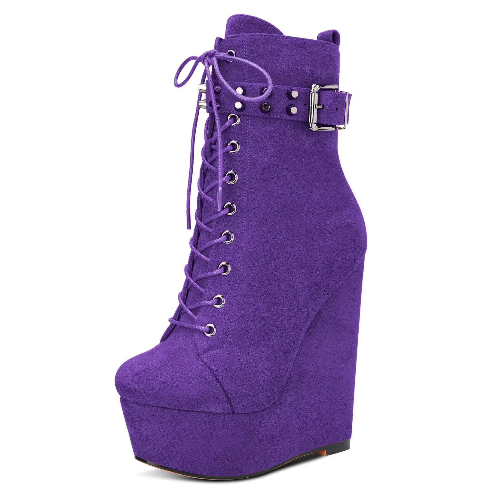HDEUOLM Women High Wedge Platform Heel Round Toe Ankle Boots Short Bootie Lace-up Zipper Shoes