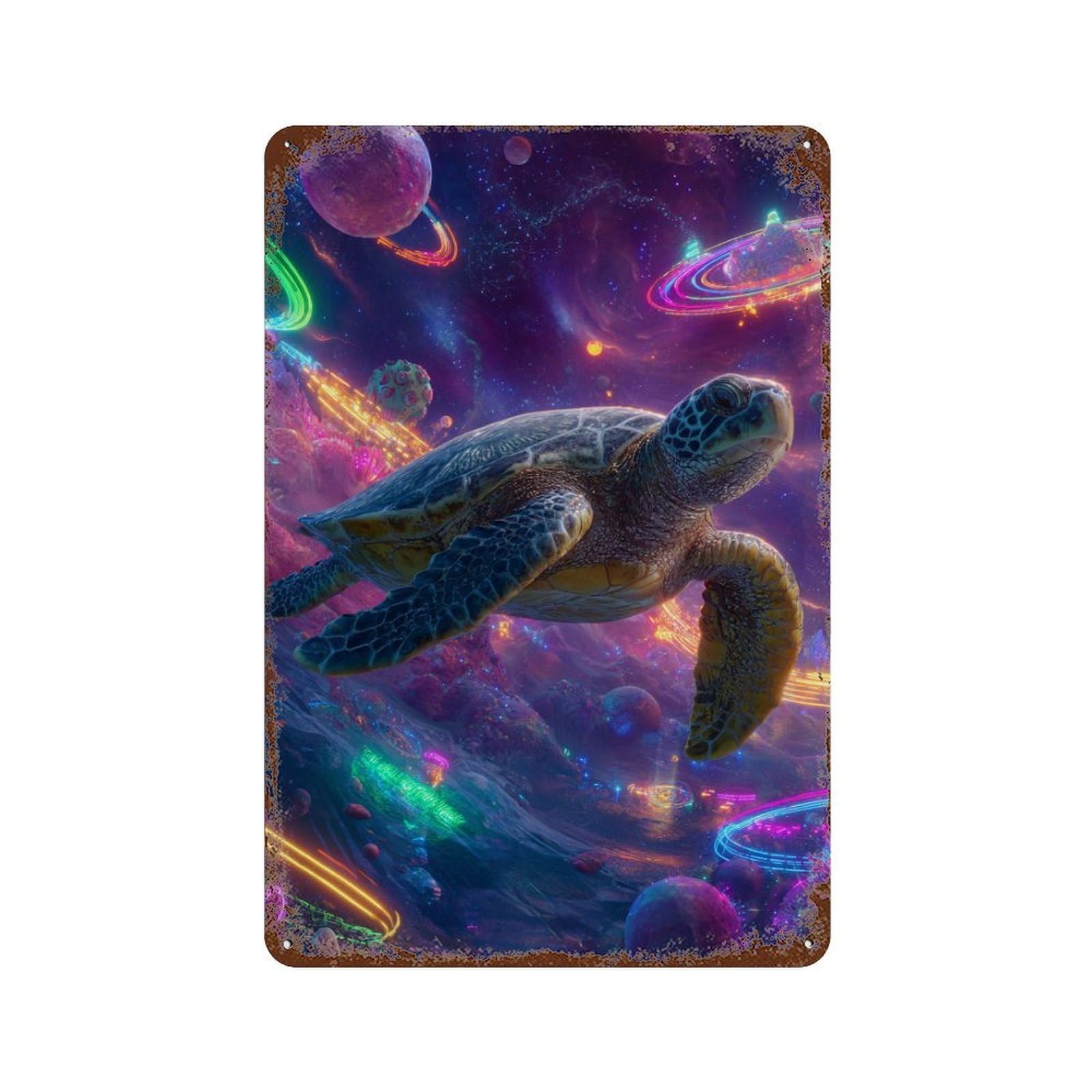 Space Turtle Adventure Decorative Tin Sign 11.8"x7.9", Ideal for Cafe, Home Bar And Lounge Decor