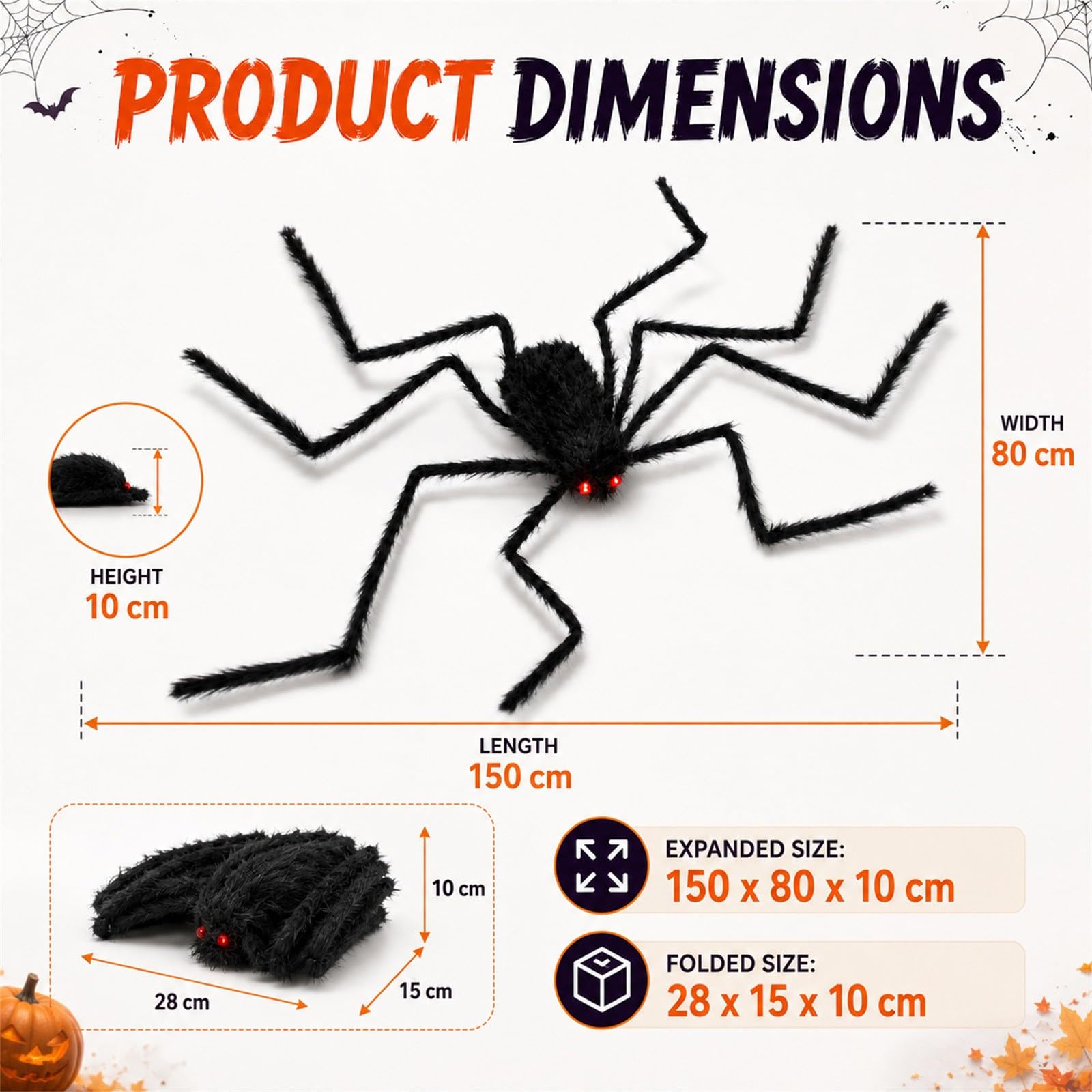 Halloween-Spinne Dekoration Schwarz mit Roten Augen 150 cm，Schwarz-2pcs | Gruselig & Realistisch, Innen- & Außenbereich, Biegbare Beine, Für Partys & Streiche, Überlebensgroß 80 cm hoch