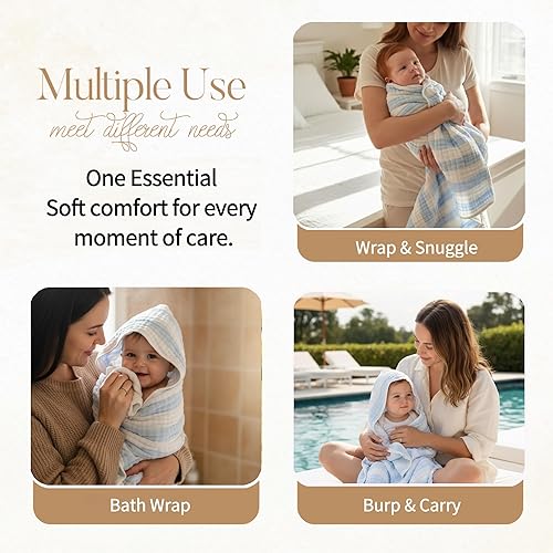 Miniatura 5 de HardNok Paquete de 4 toallas de muselina con capucha para bebé, preuim de muselina de 6 capas de algodón natural, suaves y cómodas para niños y