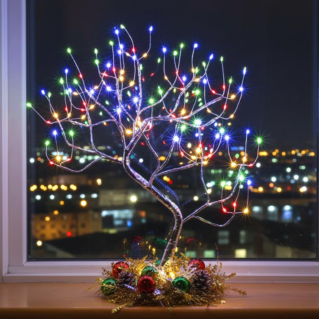 FuChsun Tabletop Bonsai Tree Light 108 LED Fairy Artificial Tree Lamp fot Room Party Home Centerpieces Decoration, Battery/USB Operated (Galaxy Glow Silver Branch)