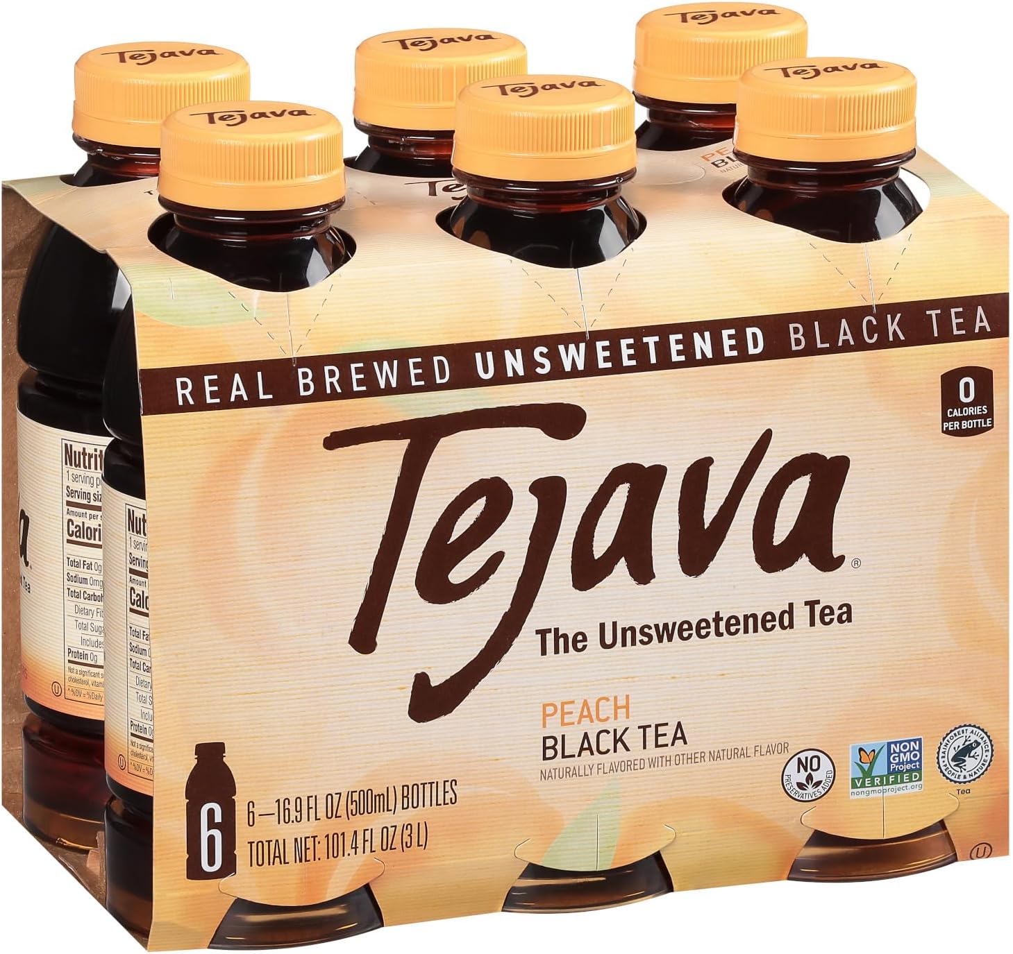 Tejava Peach Black Tea, 6 Pack 16.9 oz PET, Unsweetened, Ready-to-Drink Premium Iced Tea