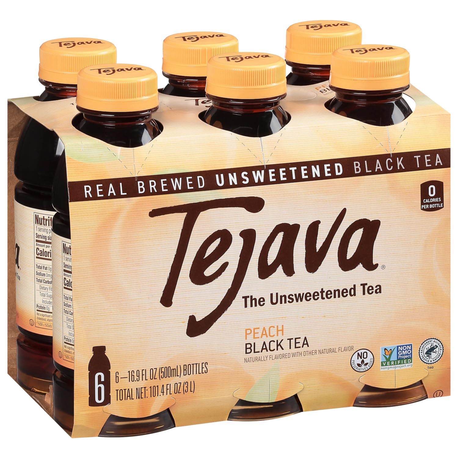 TejavaPeach Black Iced Tea, 6 Pack, 16.7oz PET Bottles, Unsweetened, Non-GMO, Kosher, No Sugar or Sweeteners, No calories, No Preservatives, Brewed in Small Batches