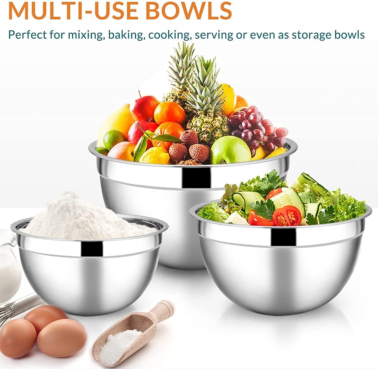 Mixing Bowls with Lids Set of 5, Vesteel Stainless Steel Mixing Bowls Metal Nesting Salad Bowls, Size 4.5, 3, 1.5, 1, 0.7 QT Great for Cooking, Baking, Serving - Blue