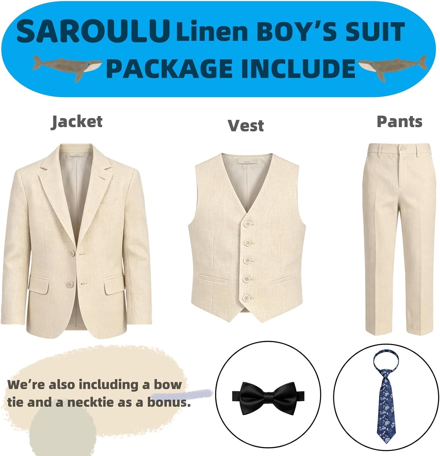 SAROULU Boys Linen Slim Fit Suits 5 Piece Lightweight Summer Beach Wedding Tuxedo Suit for Boy Ring Bearer Outfit