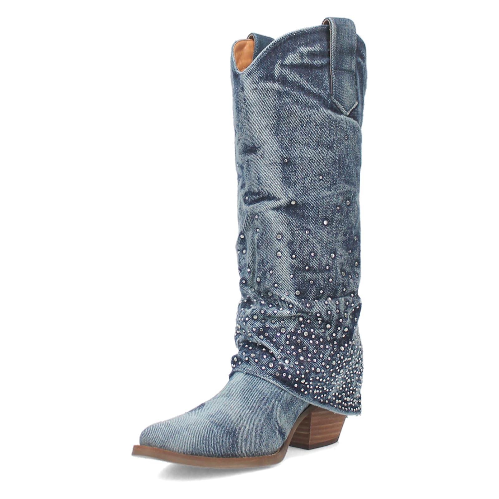 Seborluys Rhinestone Denim Cowboy Boots for Women Sparkly Cowgirl Booties Fold Over Jean Boots for Women Mid-Calf Western