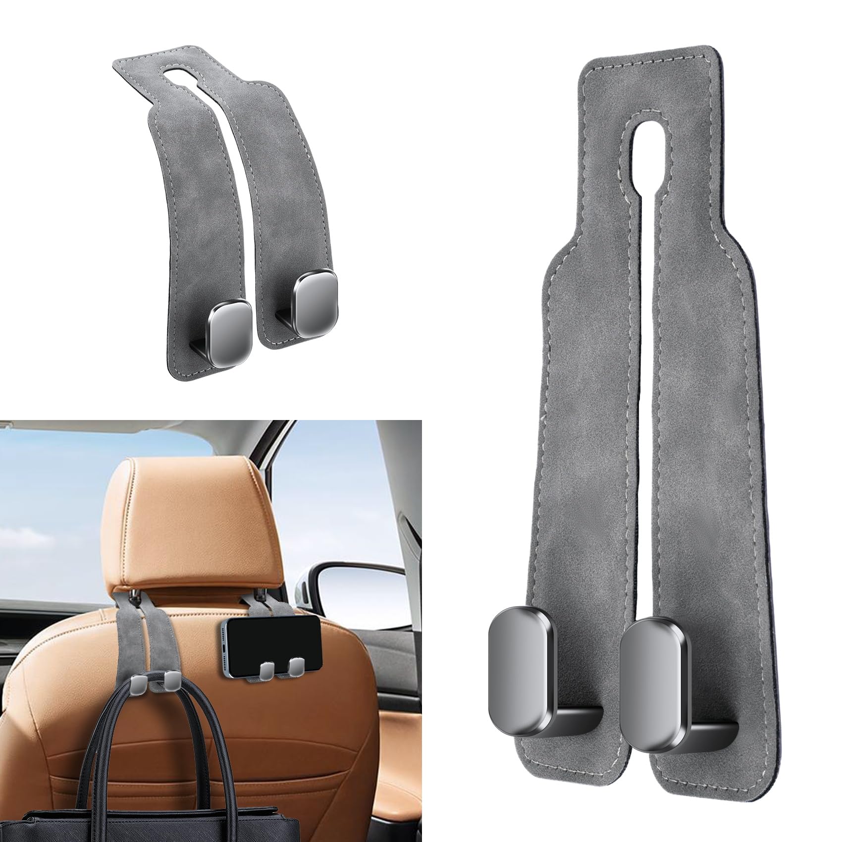 Ktilura Grey 2Pcs Car Hooks For Headrest,Car Seat Back Double Hook Purse & Mobile Phone Holder,Multifunctional Hook For Car Seat Back,Car Hanger Storage Car Seat Back Organizer For Purses,Bags(Grey)