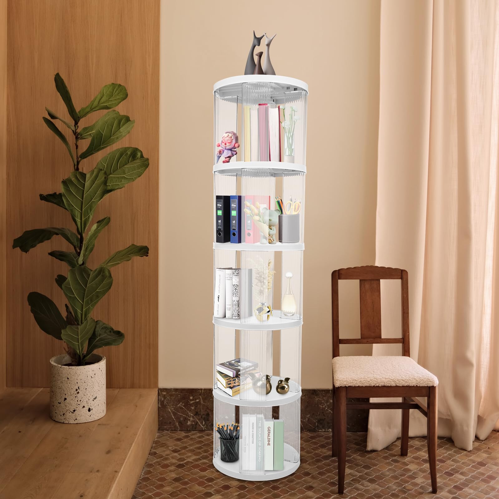 Libreria girevole moderna a 360°, libreria a 5 livelli, per studio, dormitorio, caffè, tè, bianco, 40,5 x 168,5 cm