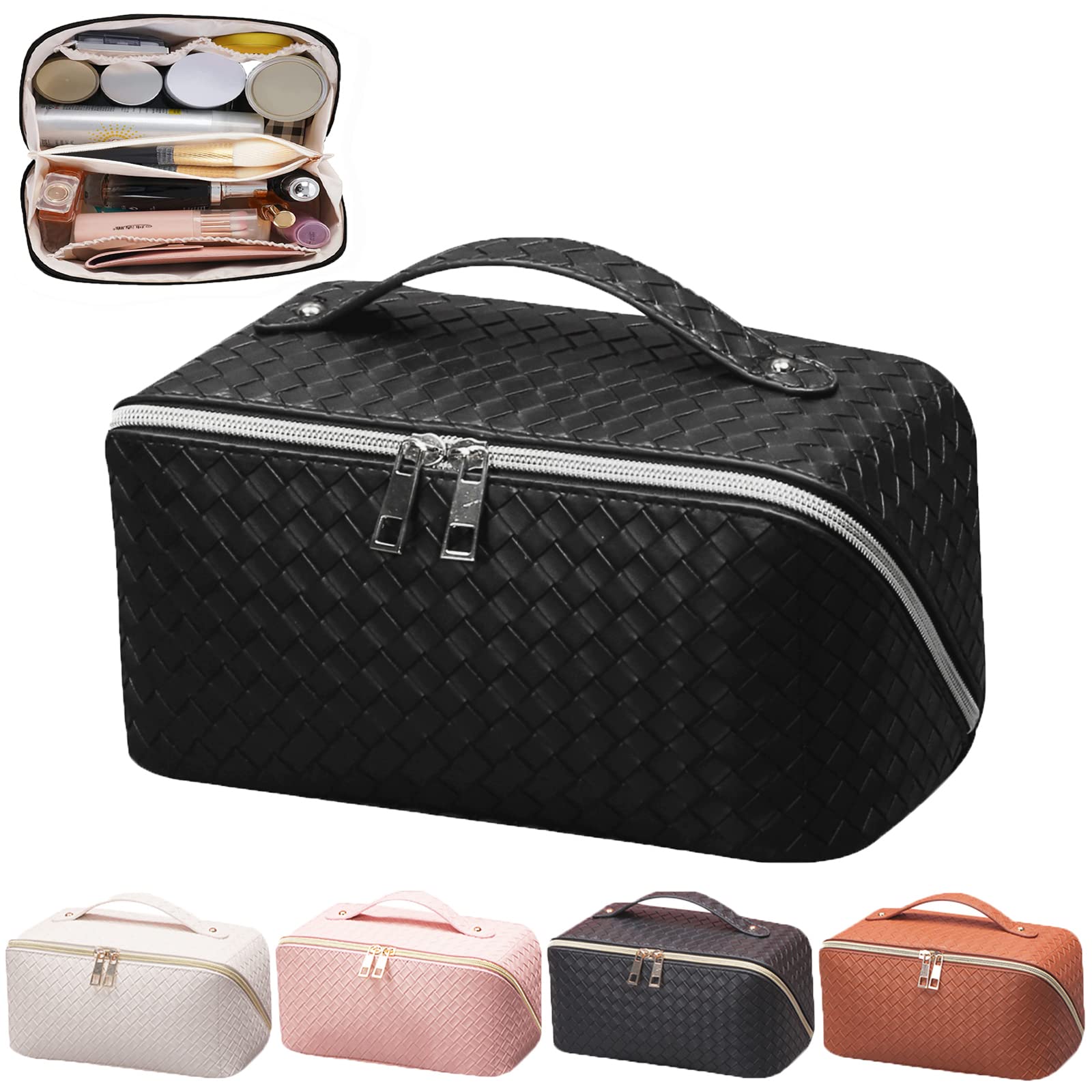 VERNASSALarge Capacity Travel Cosmetic Bag, Toiletry Bag, Women Portable Makeup Bag Opens Flat for Easy Access, PU Leather Waterproof Travel Cosmetic Bag with Handle and Divider, Black