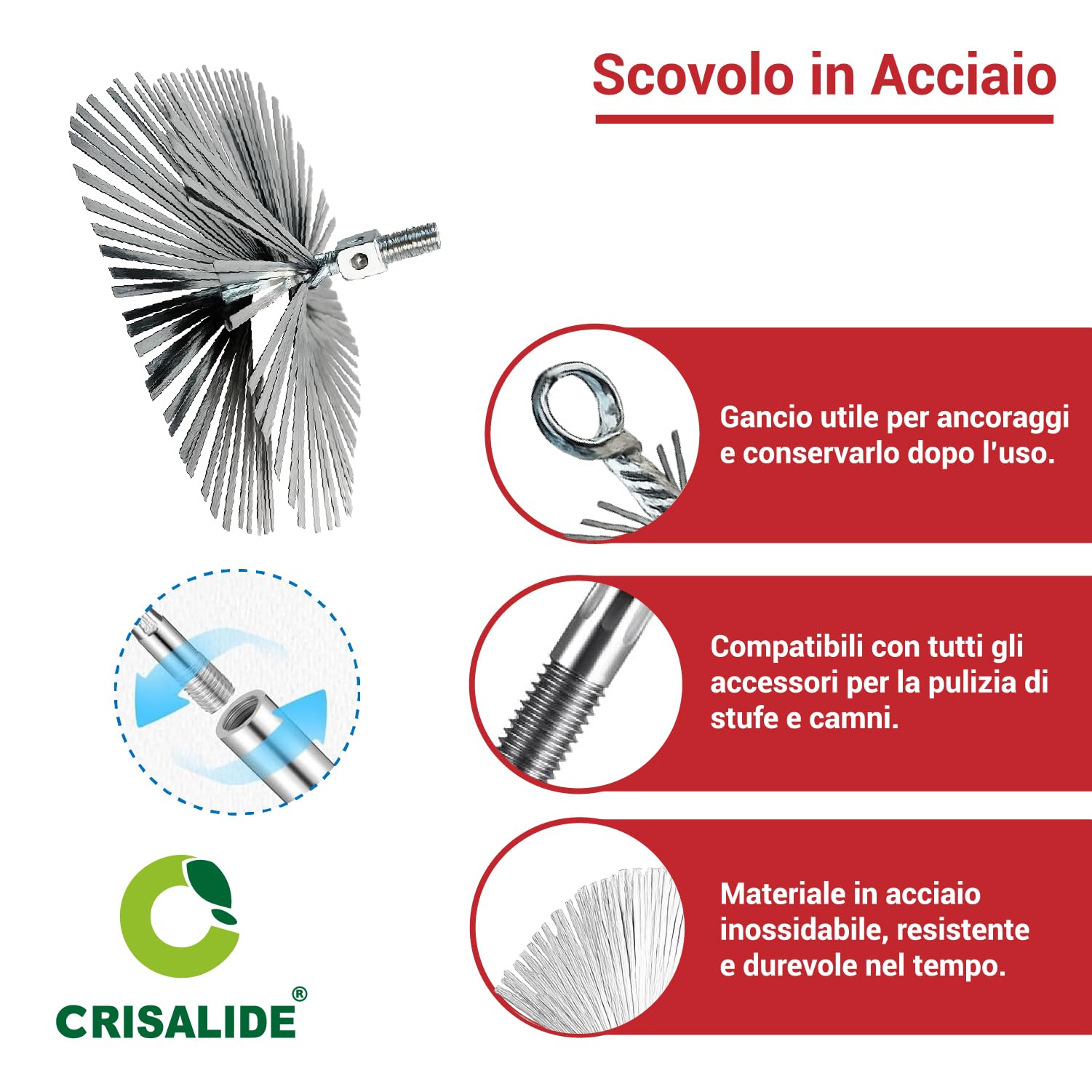 Crisalide Escobilla para chimeneas y estufas de acero inoxidable – 20/25/30 cm – Kit con 6, 12 o 18 barras de 100 cm – Cepillo deshollinador con conexión de tornillo universal flexible (25 x 25 cm, 6