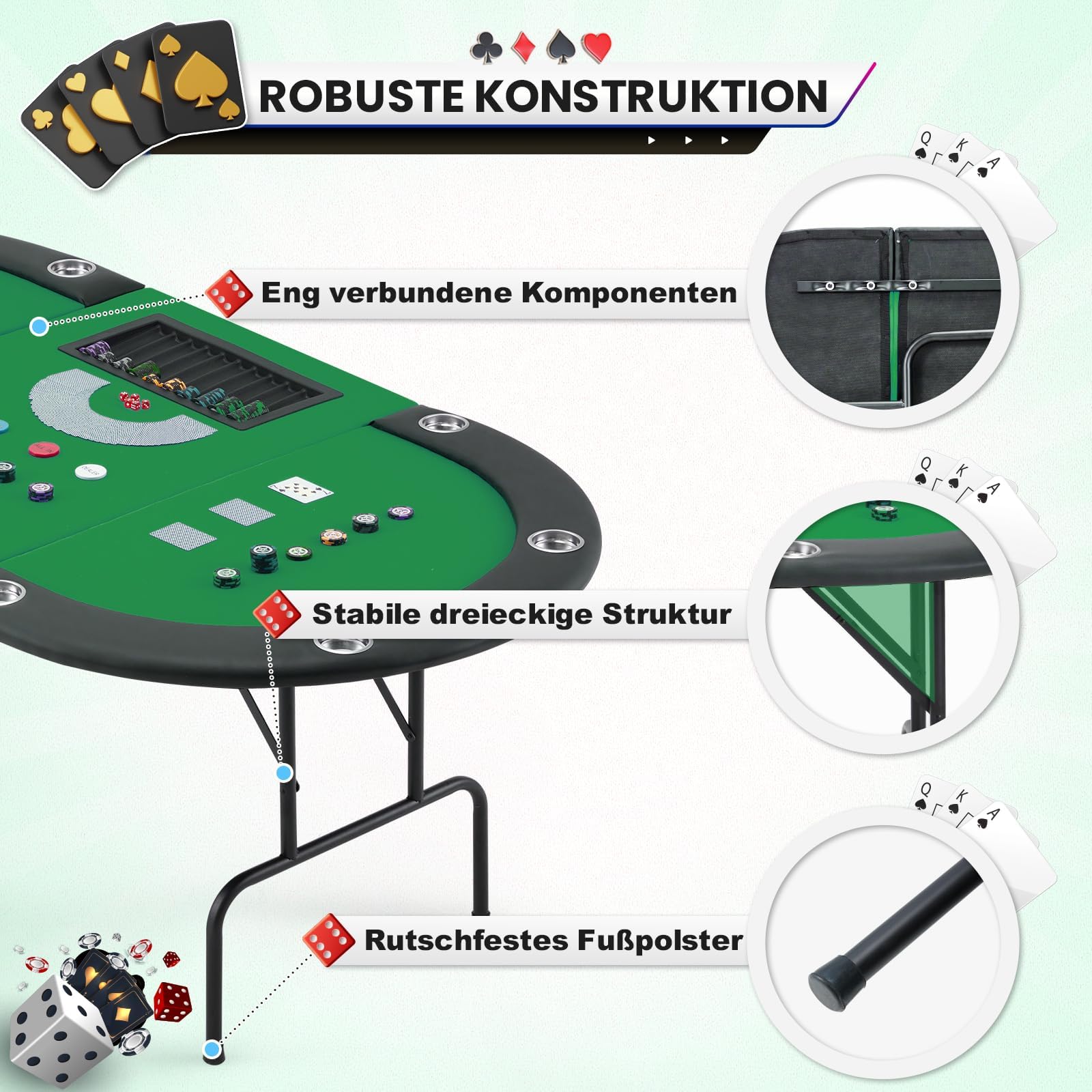 AVAWING Pokertisch Klappbar 9 Spieler, Spieltisch mit Getränkehalter aus Edelstahl, Grün