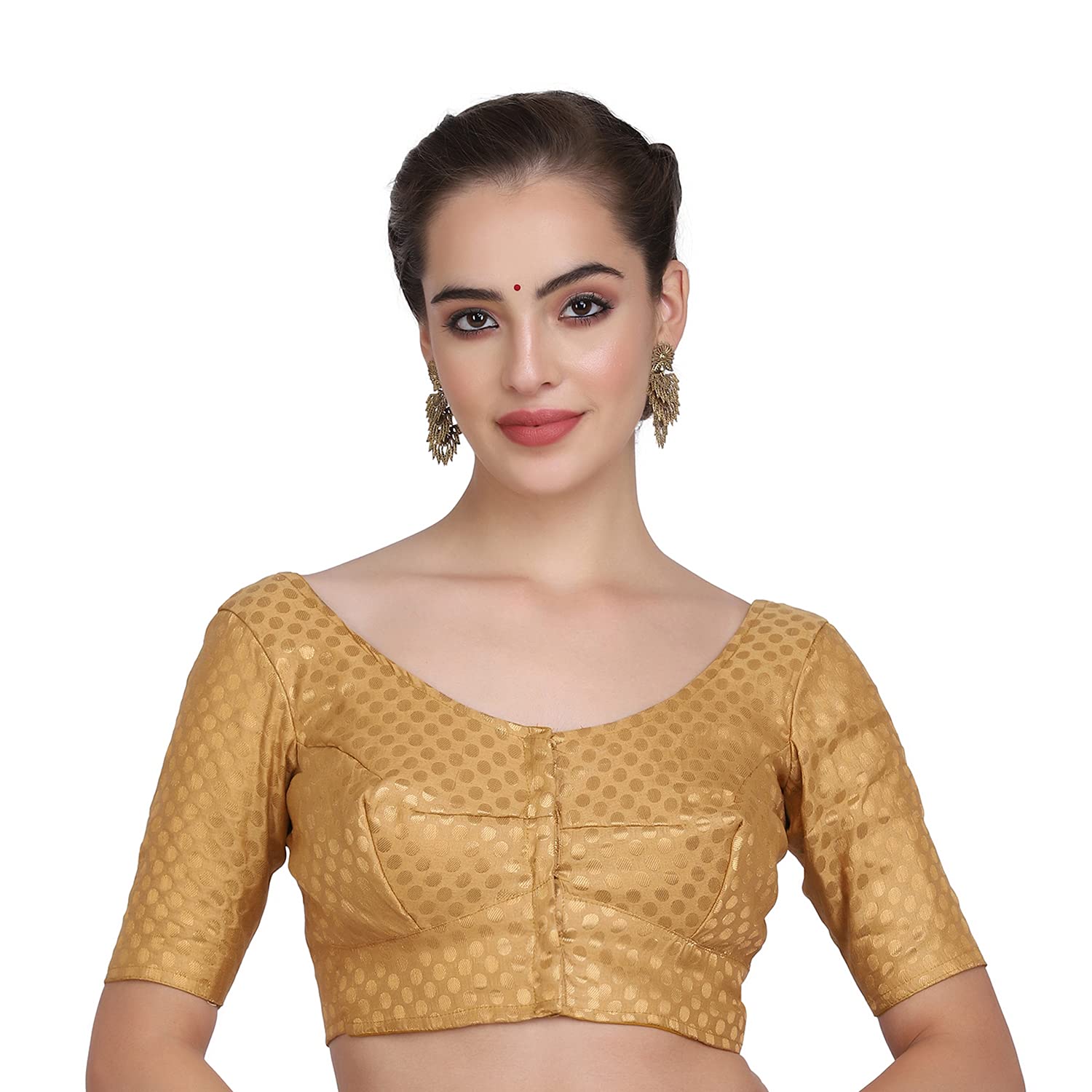 jisb Women's Brocade Dot Stitched Saree Blouse with Short Sleeves-picture-1