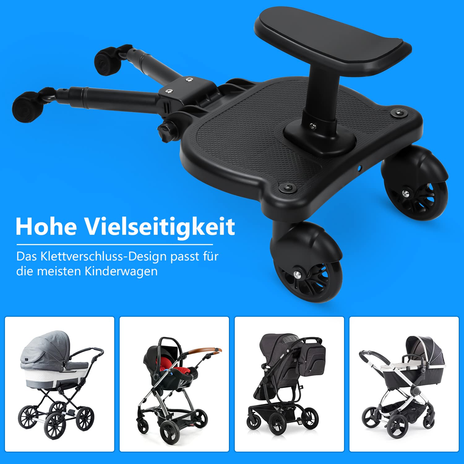 Buggy Board mit Sitz, Kiddy Board mit Sitz，trittbrett für kinderwagen universal，360°Zweirad Design,für 2-6 Jahre alte Kinder,kinderwagen board von 25kg(Schwarz)