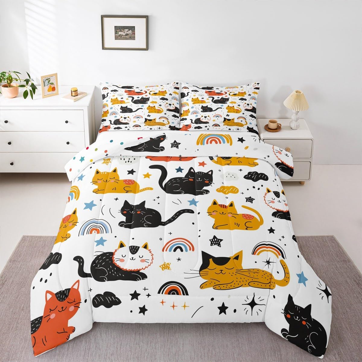 Castle Fairy Abstract Cherry Comforter Set Toddler Size Cute Star Heart Print Bedding Set Kids Boys Girls Summer Cartoon Fruit All Season Quilt Set Green Botanical Leaves Bedding Comforter Sets,2Pcs