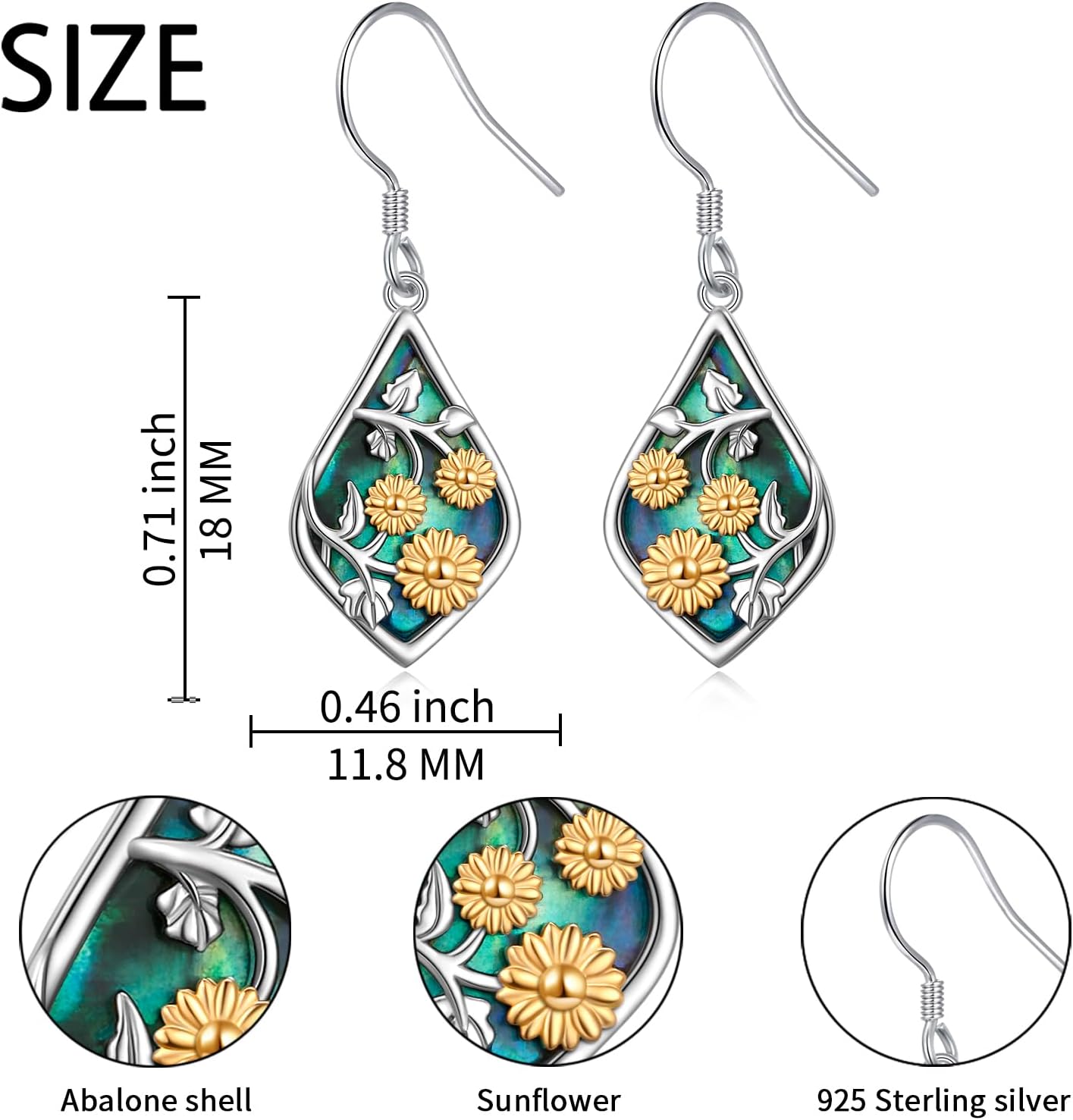 925 Sterling Silver Dangle Earrings Sunflower Earrings Abalone Shell Jewelry for Women Birthday Christmas Gifts - Image 3