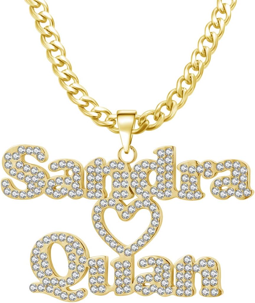 Personalized Custom Iced Out Name Necklace Gold Color Stainless Steel Personalized Necklaces Custom Name Necklace, Personalized Name Pendant (Iced Out Double Name Necklace)