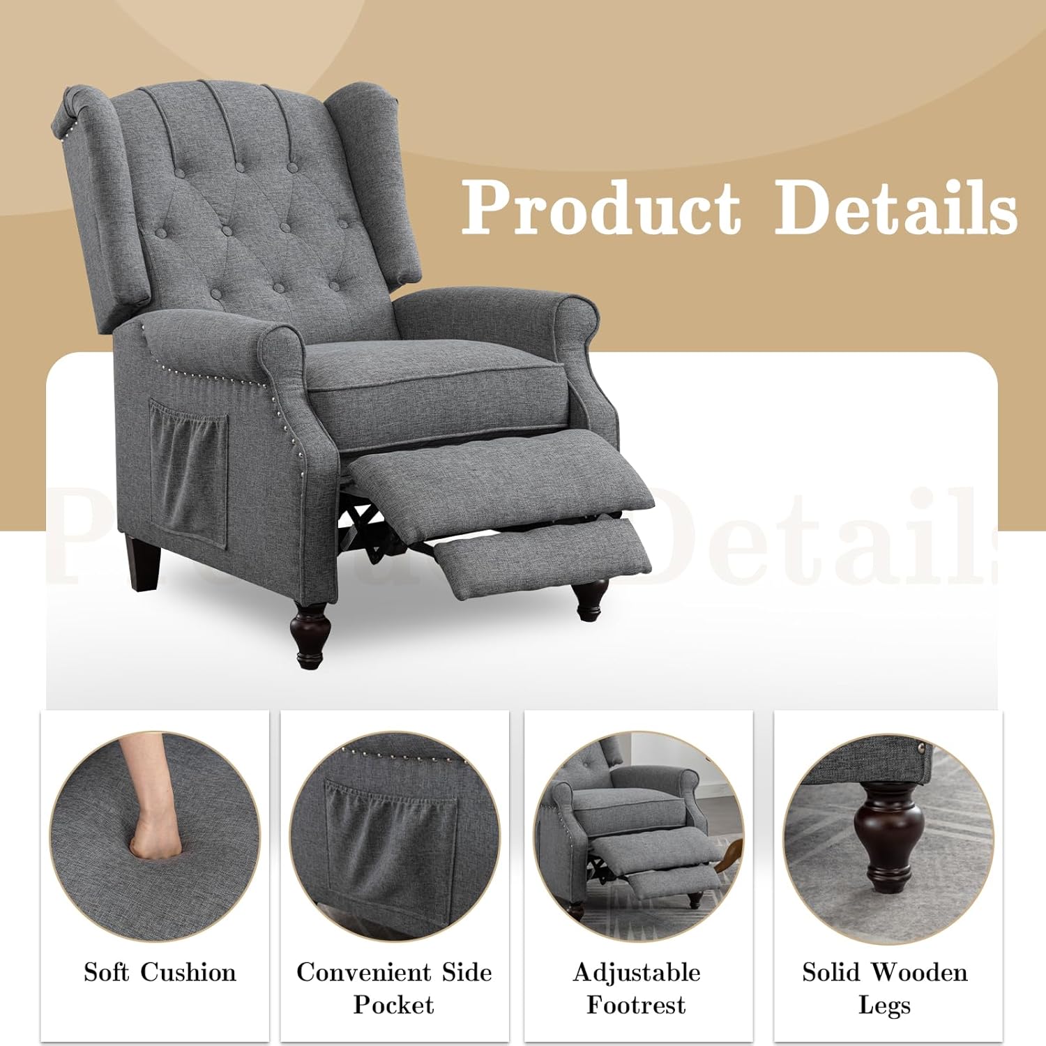 Pushback Recliner Chair Set of 2, Linen Tufted Armchairs with Massage & Heat, Mid-Century Modern Wingback Accent Chairs for Living Room, Small Space (Light Grey, 2PC)