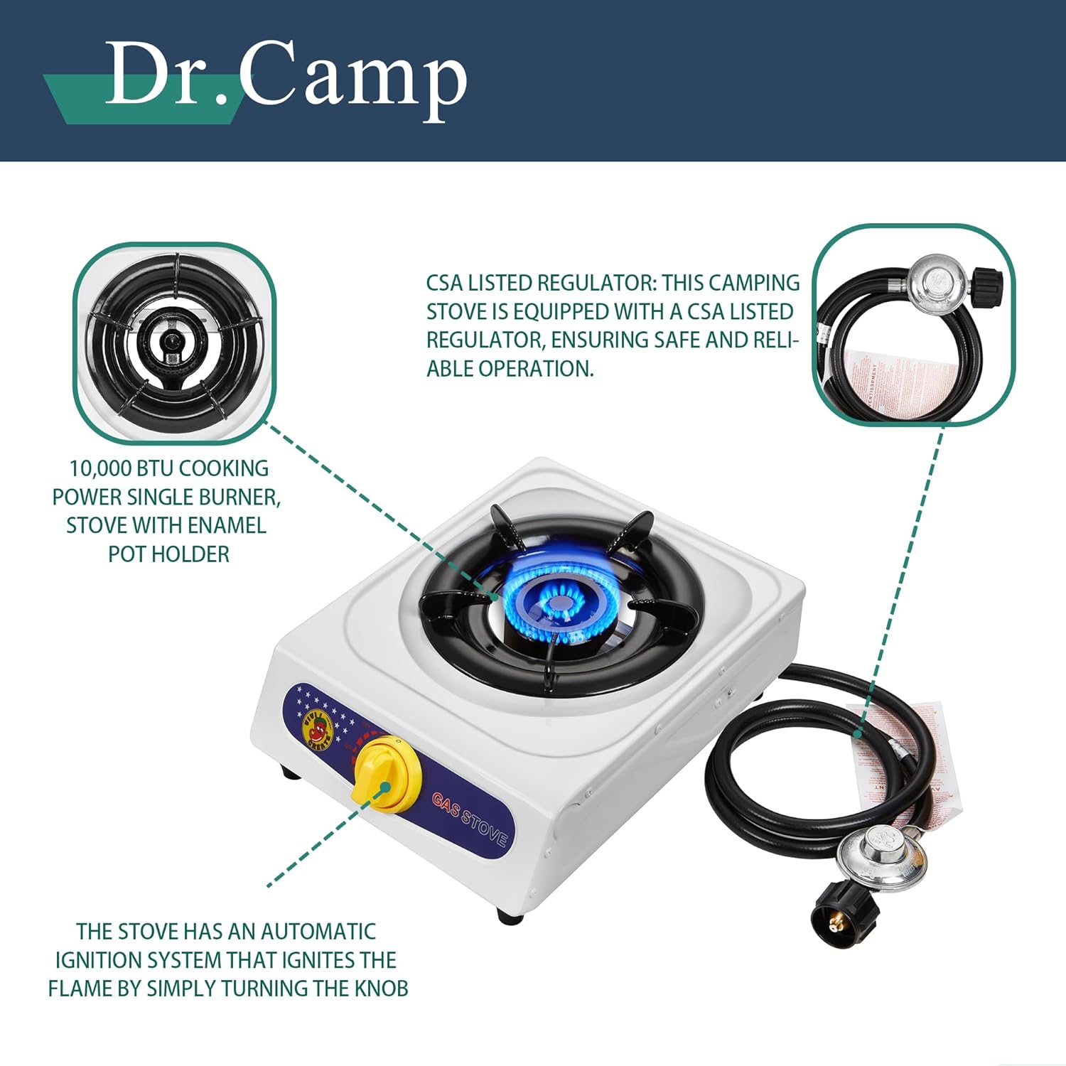 Dr.Camp 10000 BTU Automatic Ignition single burner garden yard camping camp hiking propane cooker stove with CSA listed regulator and gas hose, white color