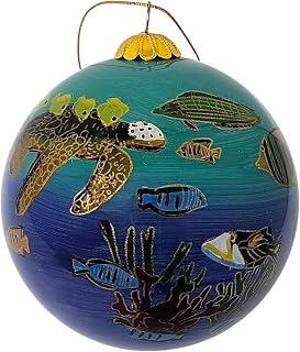 Magical Turtle Lagoon, Aloha Maui - Hawaiian Collectible Christmas Ornament, Hand-Painted from The Inside, 360° Design, Hand-Blown Glass Tropical Souvenir Keepsake in Red Velvet Gift Box, 3 inch