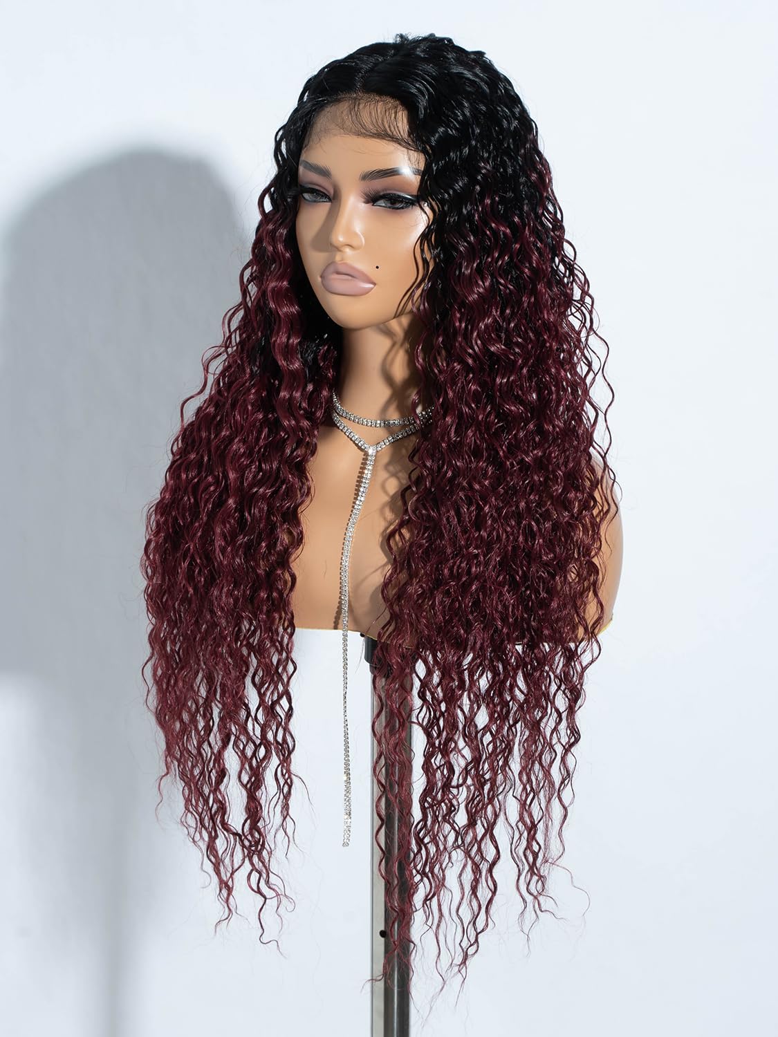 Joedir Long Deep Curly Wavy Lace Front Synthetic Wigs for Women Glueless Lace Wig 30 Inch Middle Part Natural Looking Heat Resistant Fiber Wig for Daily Party Use Ombre Wine Red - Image 4