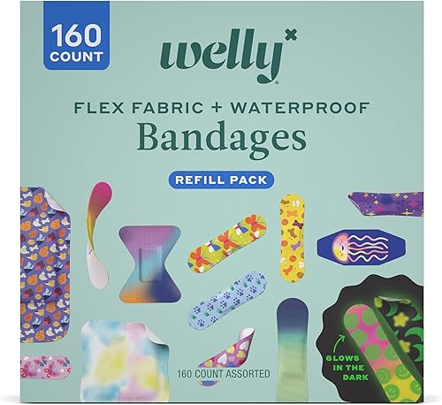 Welly Bandage Large Refill Pack | Adhesive Flexible Fabric, Glow-in-The-Dark & Waterproof Bandages | Assorted Shapes and Patterns for Minor Cuts,