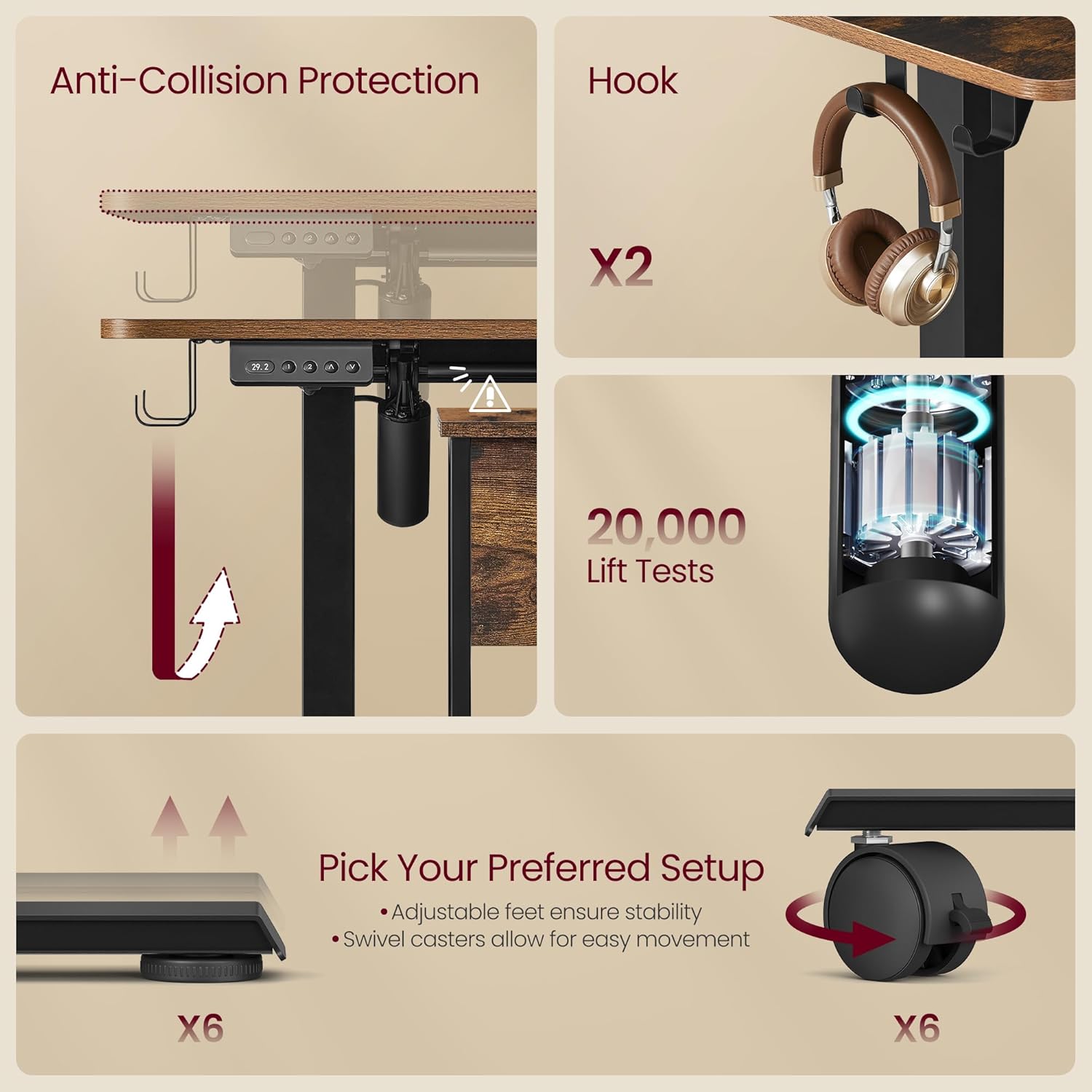 Close-up of the desk's features including anti-collision protection, headphone hooks, and options for adjustable feet or swivel casters.