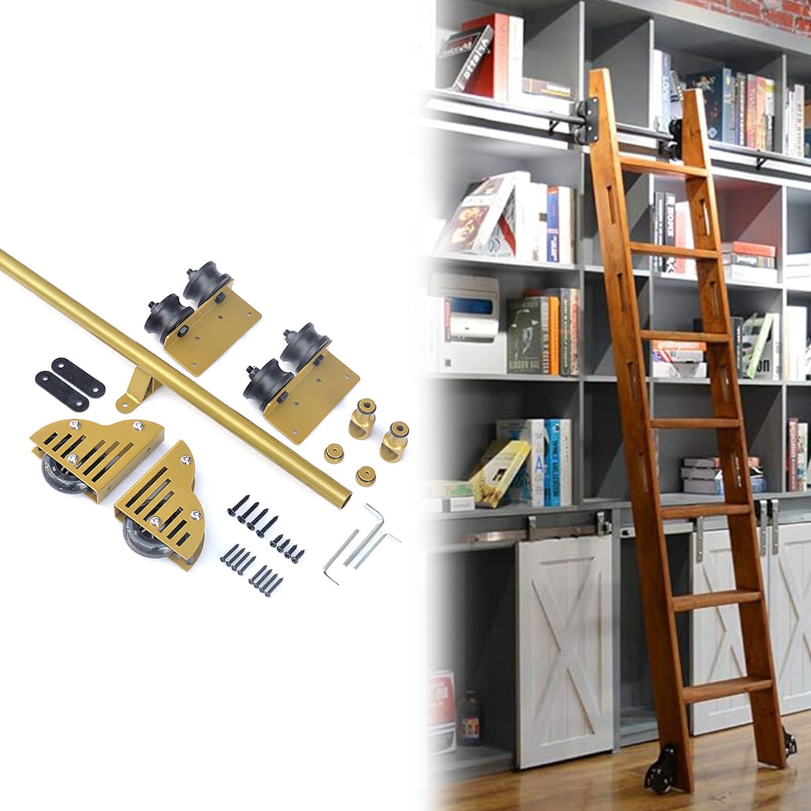 Zestaw Osprzętu Do Drabiny Bibliotecznej Na Kółkach, 100-732 Cm, Okrągła Rura, Mobilna Szyna Drabinowa, Szyna W Stylu Drzwi Przesuwnych Do Stodoły, Do Domu, Wewnątrz, Na,19.7ft/600cm Track kit