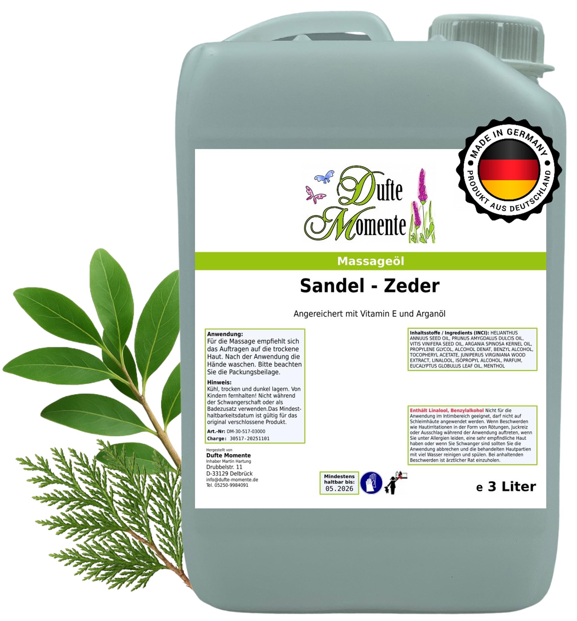 Dufte Momente Massageöl Sandelholz-Zeder – 3 Liter – Paraffinölbasis – warm & holzig – mit ätherischen Ölen – professionelle Gleitfähigkeit – für Massage & Wellness – Made in Germany